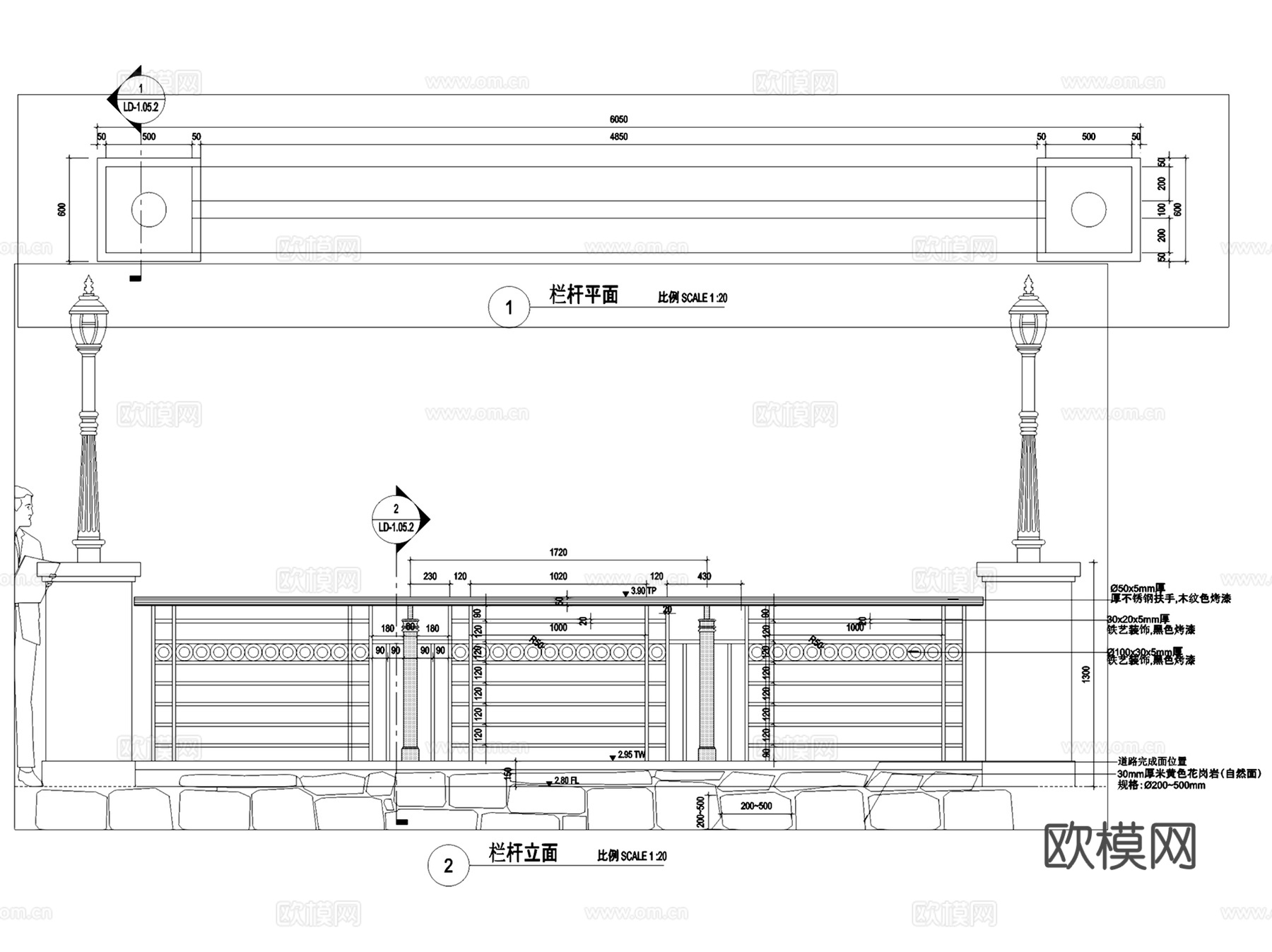 景观护栏栏杆扶手大样详图CAD施工图集 23套cad施工图