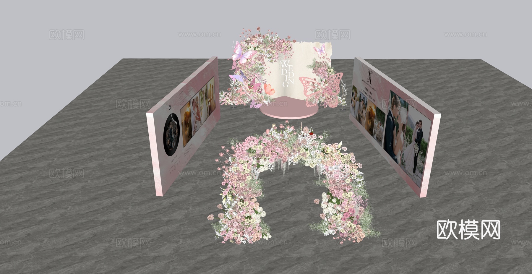 粉色通道婚礼展示区花艺美陈su模型