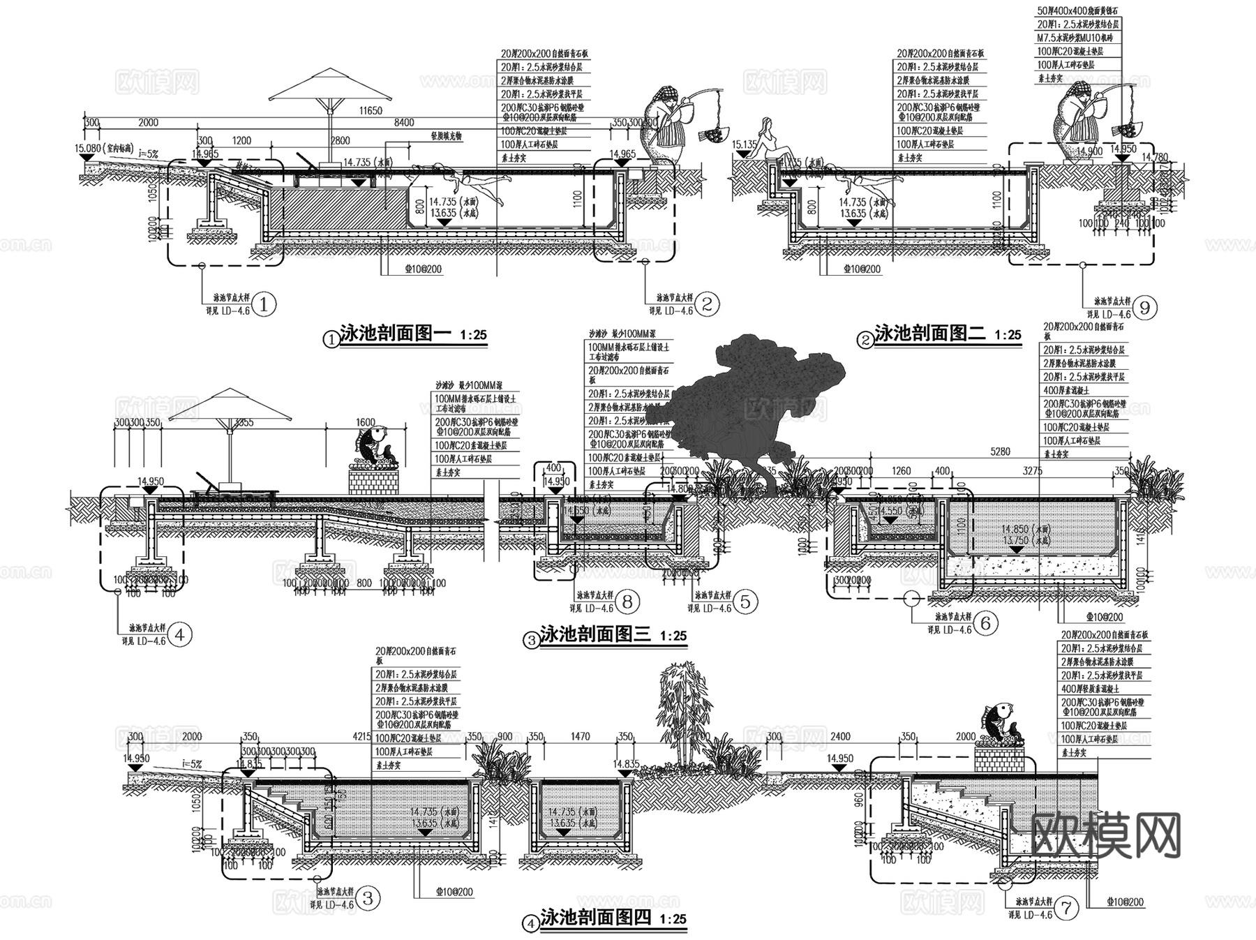 景观水景涌泉水幕镜水面CAD施工图集 80套cad施工图