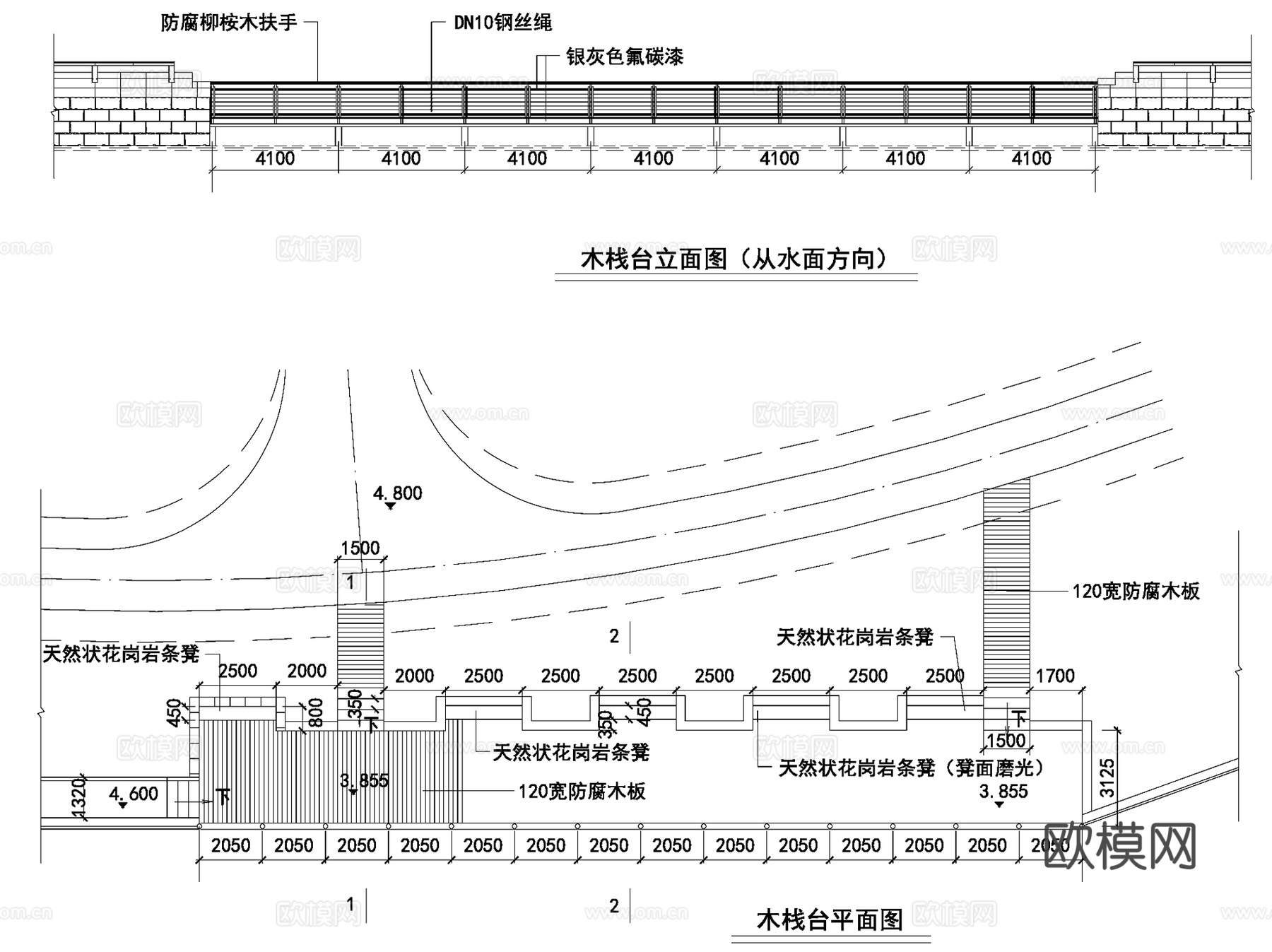 景观休闲木栈道平台栏杆观景台CAD施工图集 15套cad施工图