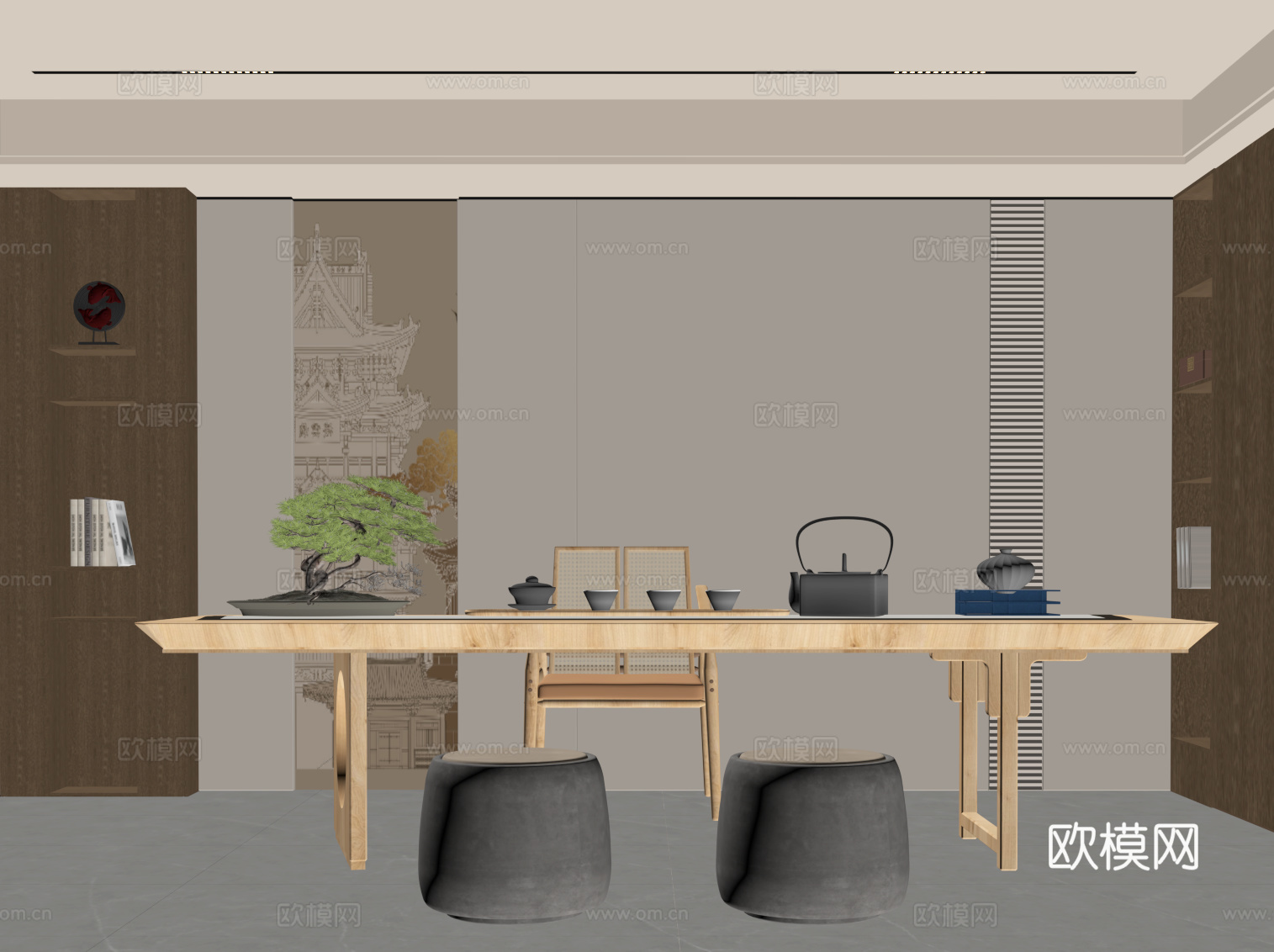 新中式茶桌 茶桌椅 凳子su模型