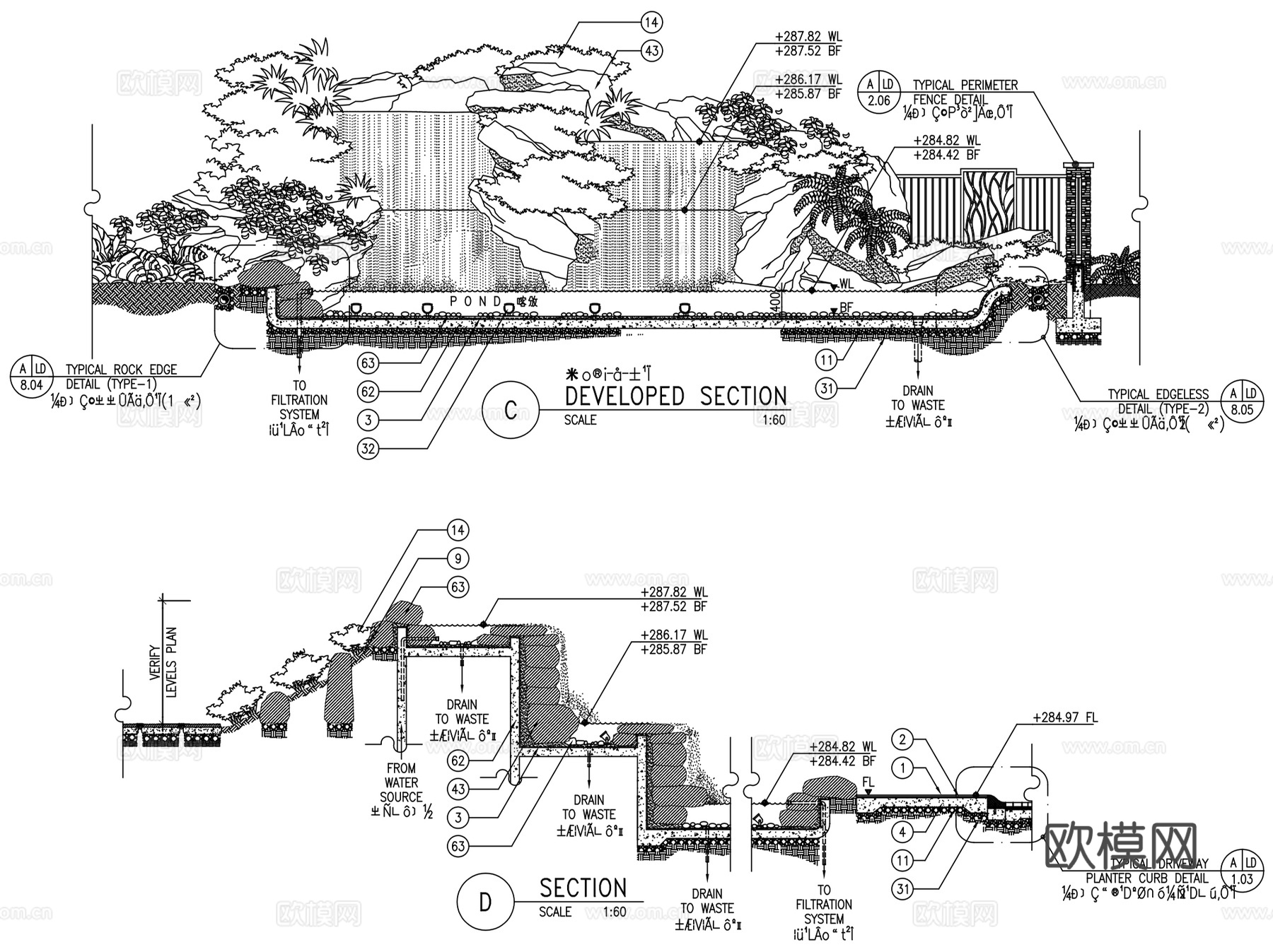 景观水幕瀑布水景CAD施工图集 25套cad施工图