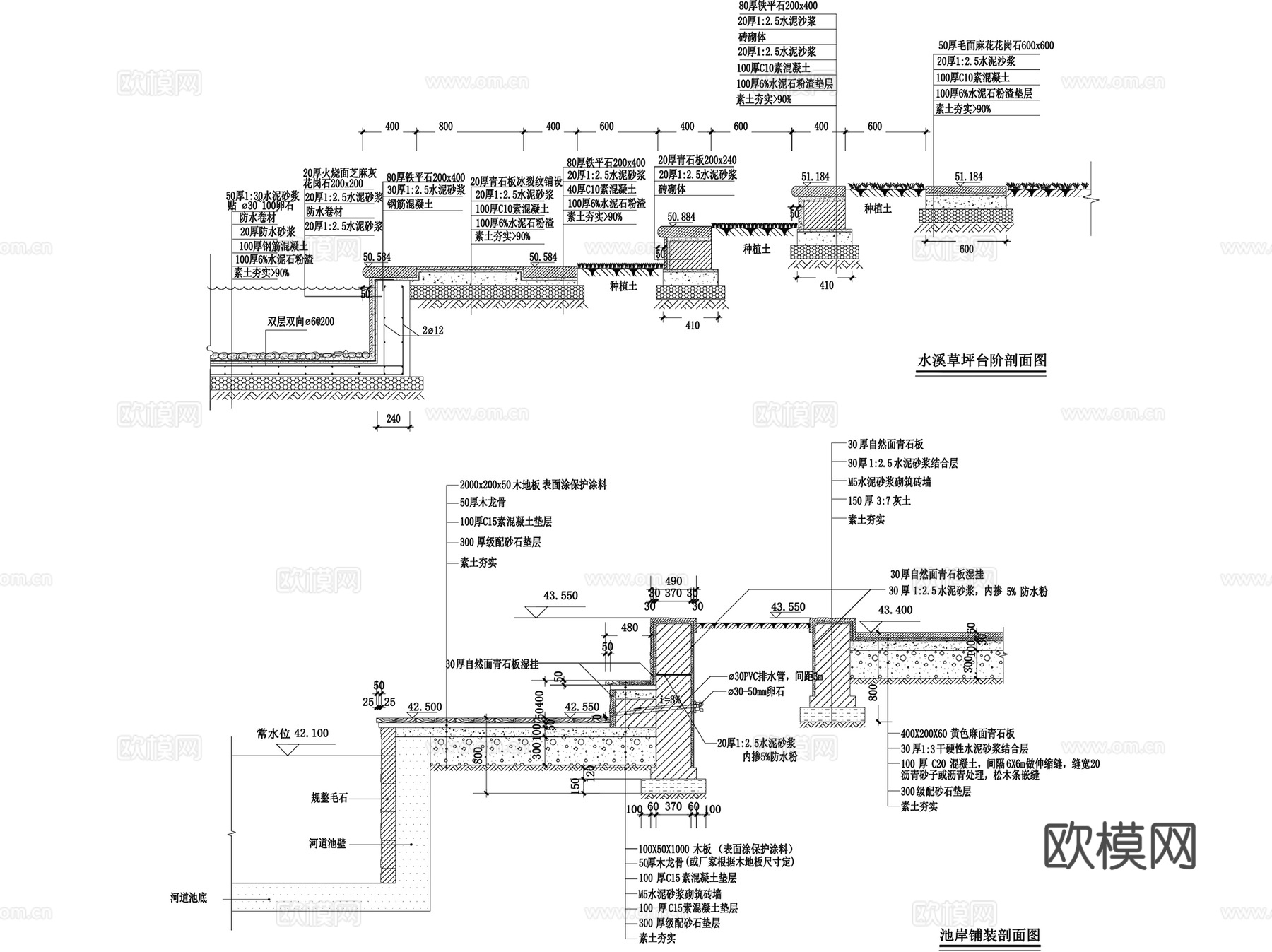 景观园林溪流驳岸池岸做法施工图详图集 60套cad施工图