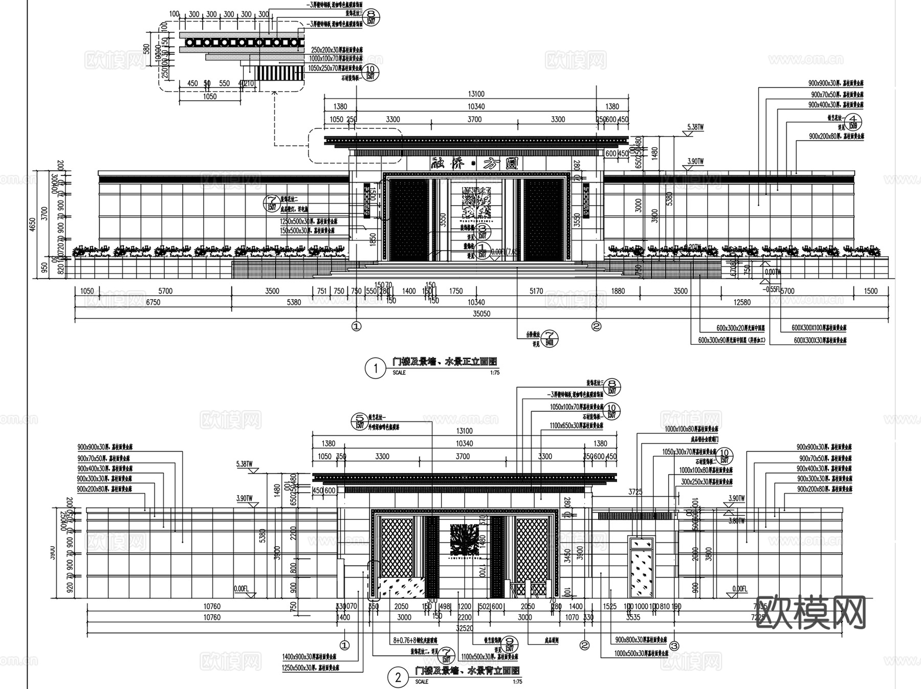 居住区入口大门门楼岗亭CAD施工图+SU 22套cad施工图