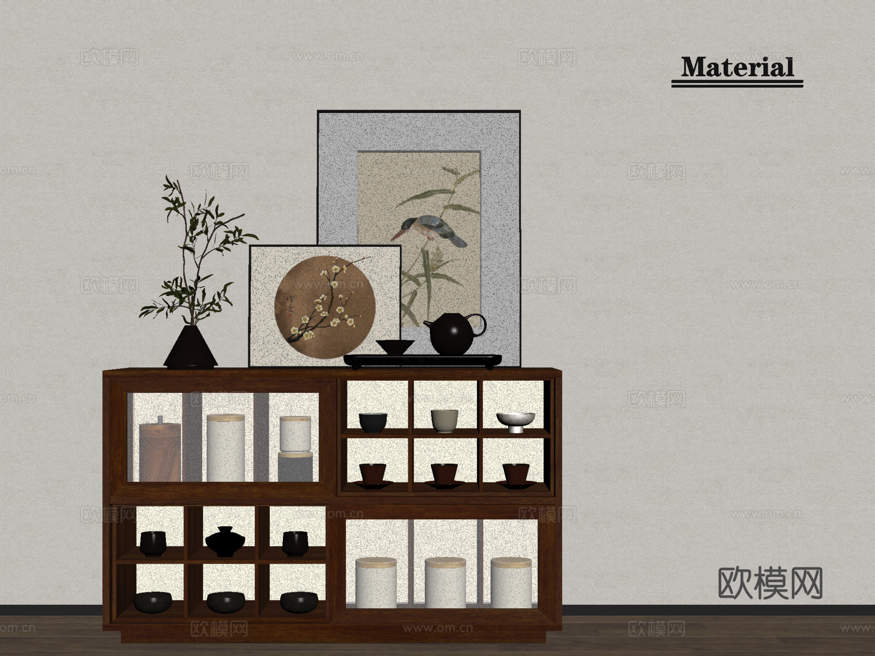 新中式玄关柜 餐边柜 挂画 摆件su模型