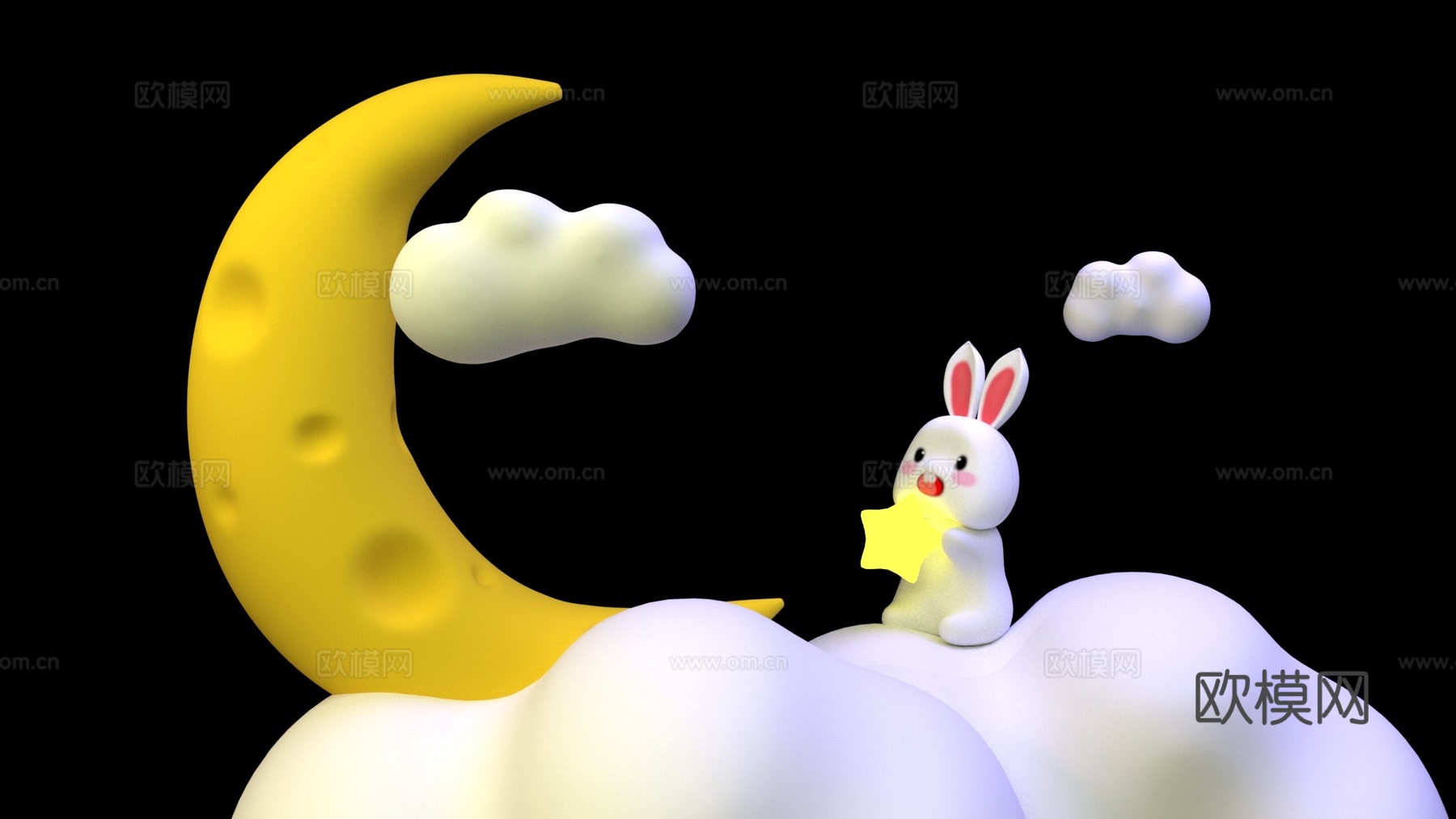 中秋弯月玉兔卡通场景3d模型下载（渲染图2）