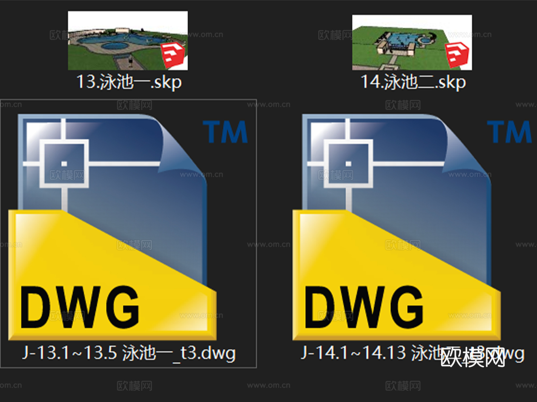 景观户外游泳池CAD施工图详图+SU模型 2套cad施工图