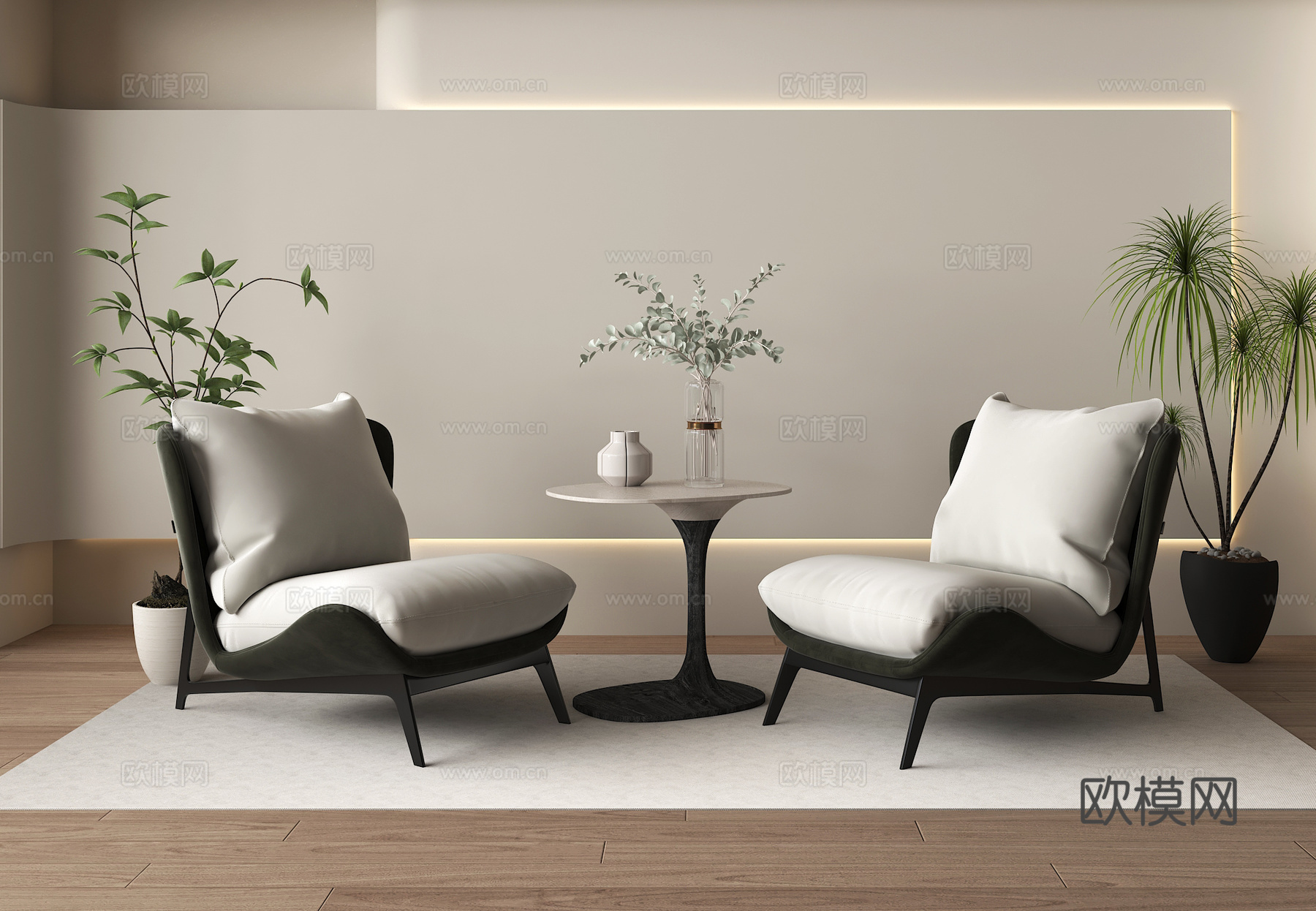 现代休闲桌椅 布艺休闲椅 盆栽su模型su模型