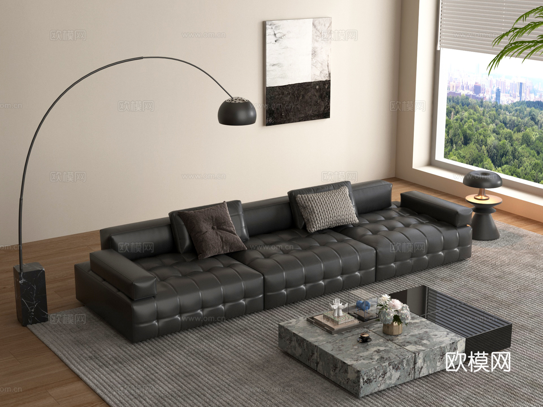 现代意式沙发 皮质多人沙发 客厅沙发 落地灯 大理石茶几3d模型下载