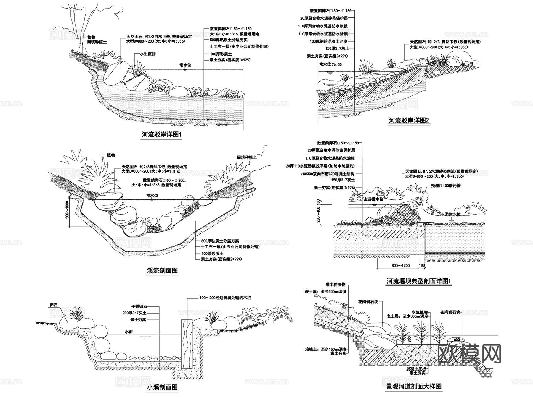 景观园林溪流驳岸池岸做法施工图详图集 60套cad施工图