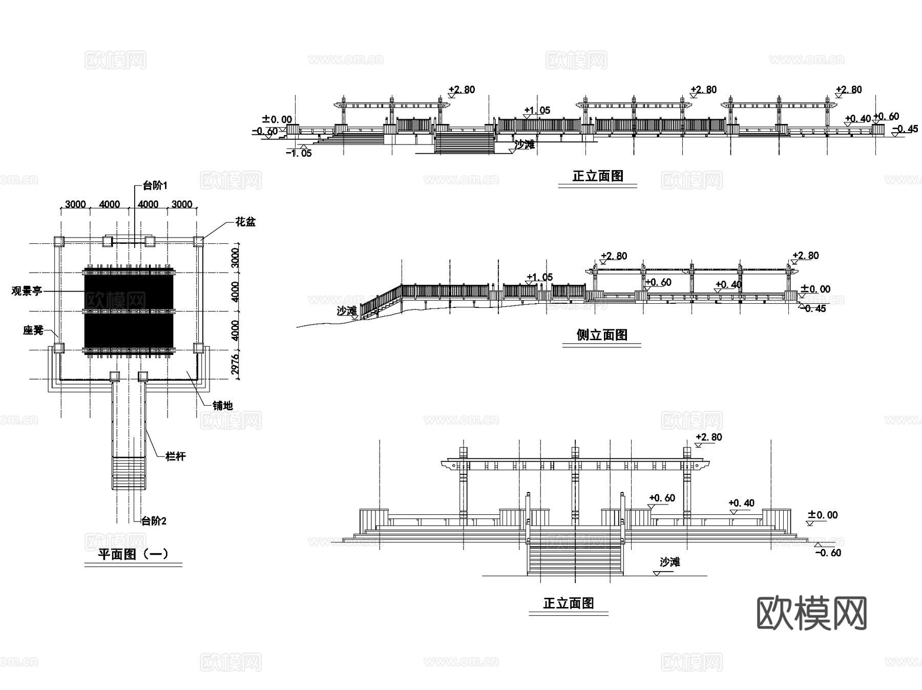 景观休闲木栈道平台栏杆观景台CAD施工图集 15套cad施工图