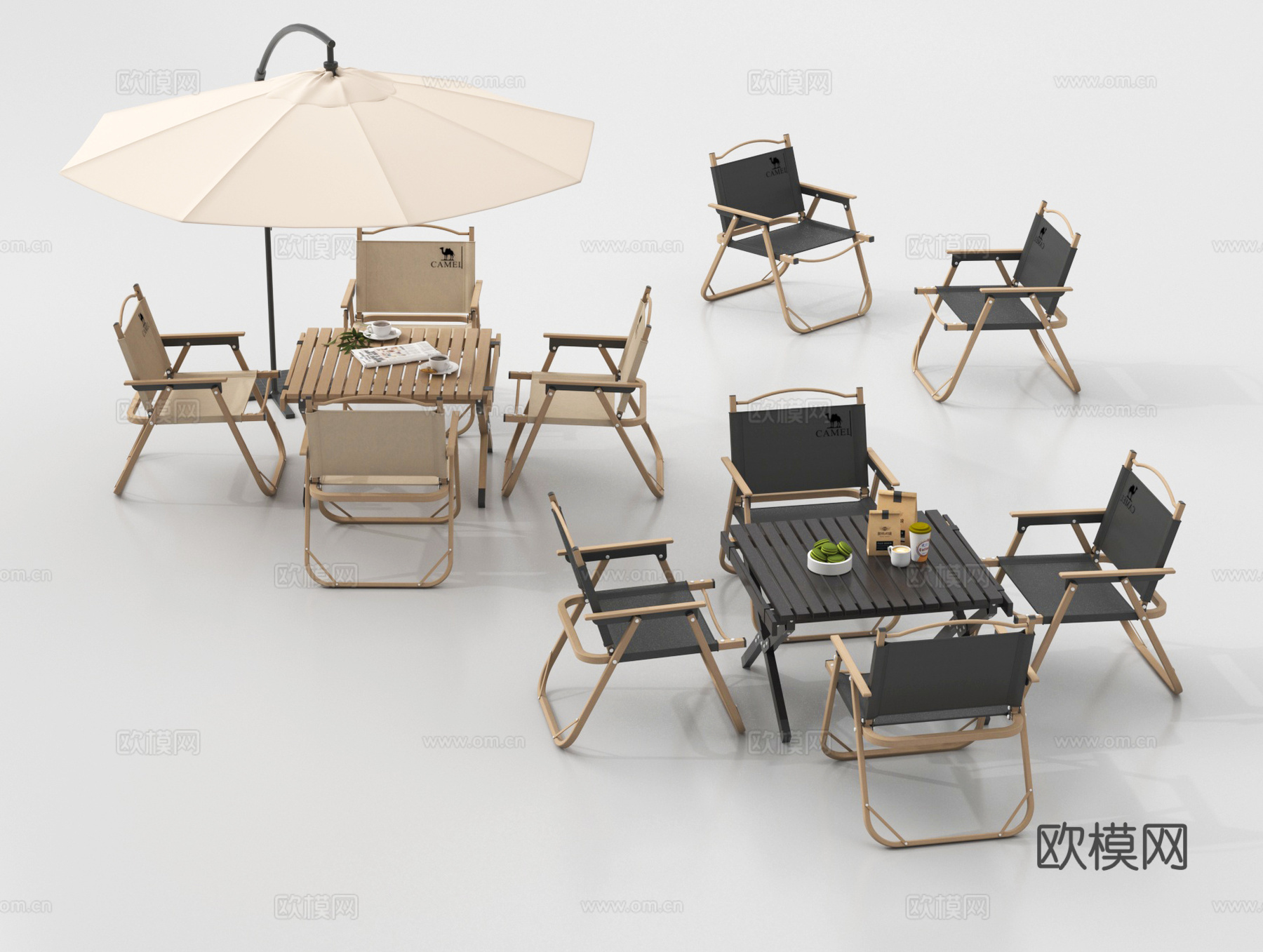 现代户外桌椅 户外桌椅组合 露营桌椅 折叠桌椅 遮阳伞3d模型下载