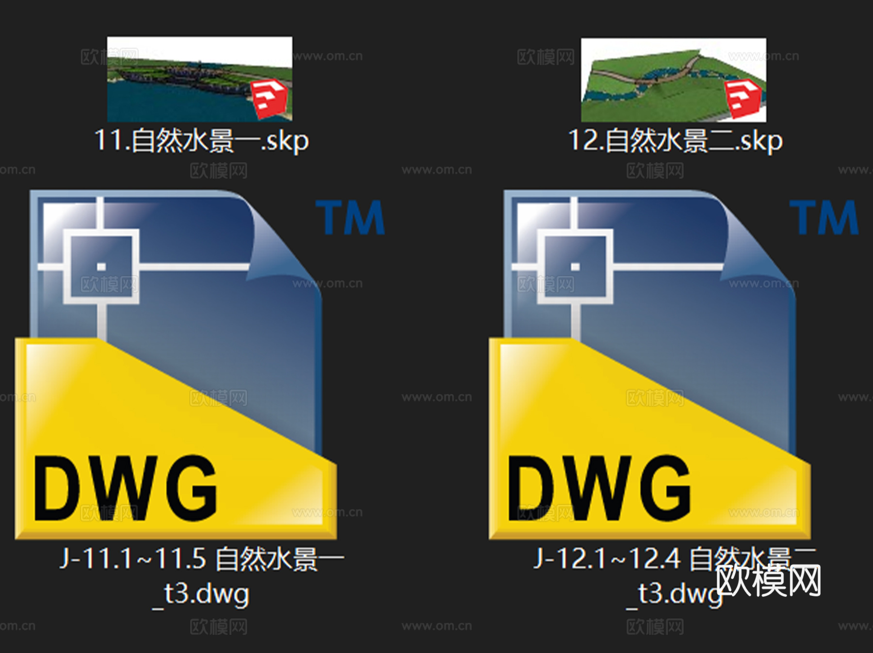 景观自然水景CAD施工图+SU模型 2套cad施工图