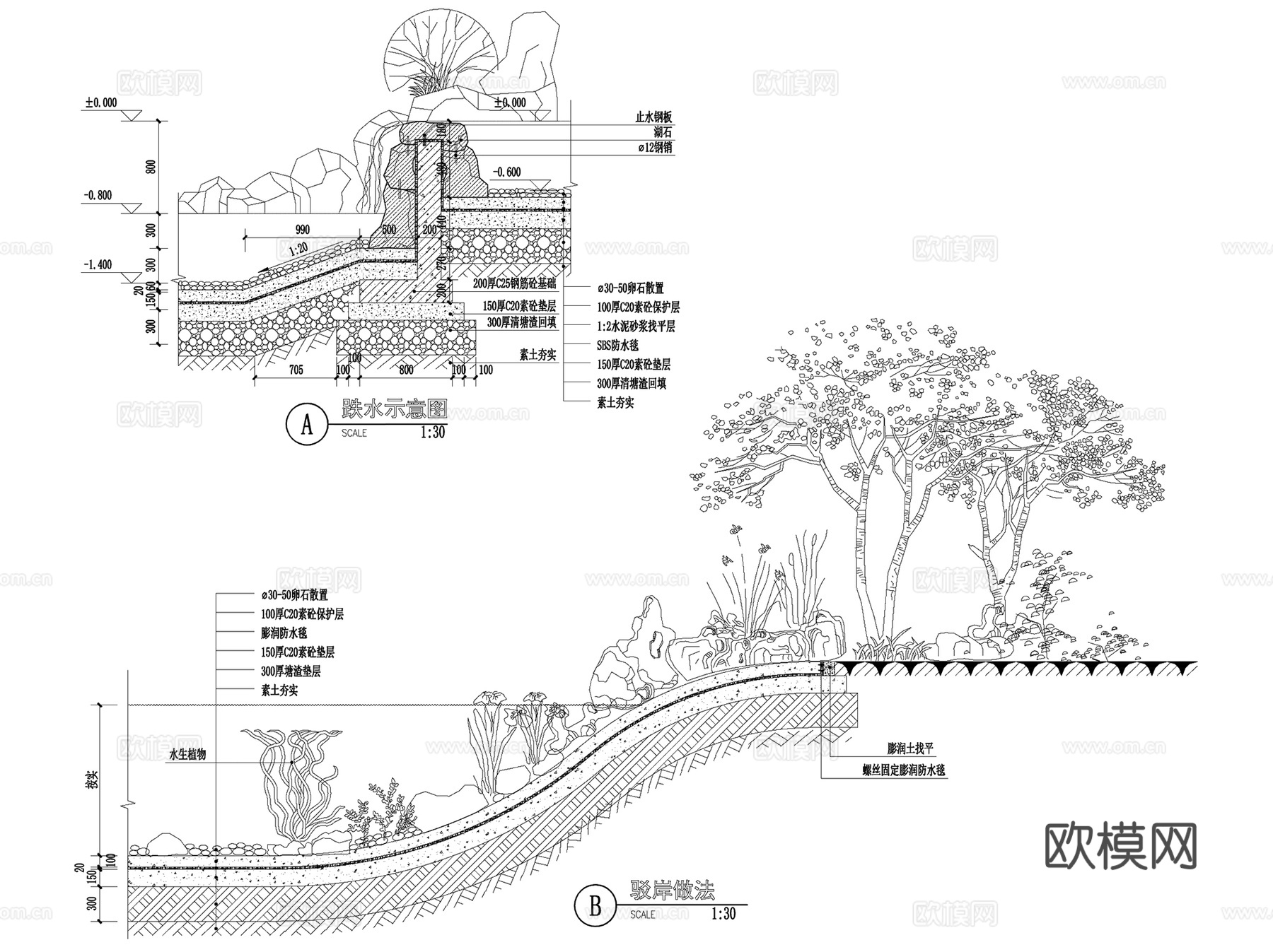 居住区景观铺装座凳水系栏杆看台通用CAD施工详图集 8套cad施工图