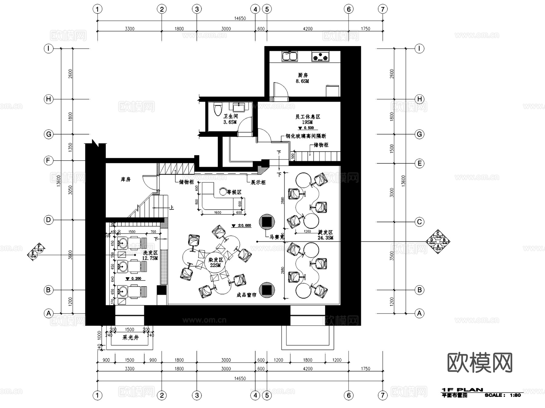 理发店美发厅洗头房室内装饰CAD施工图集 6套cad施工图