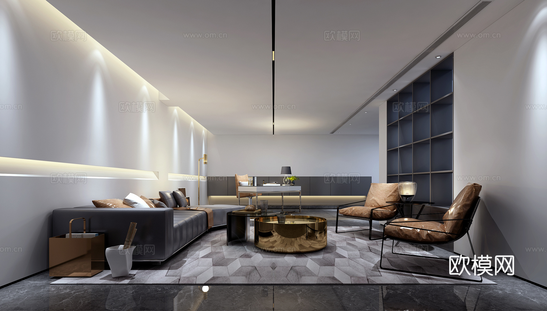 现代极简地下影音室沙发书桌书柜落地灯地毯3d模型下载