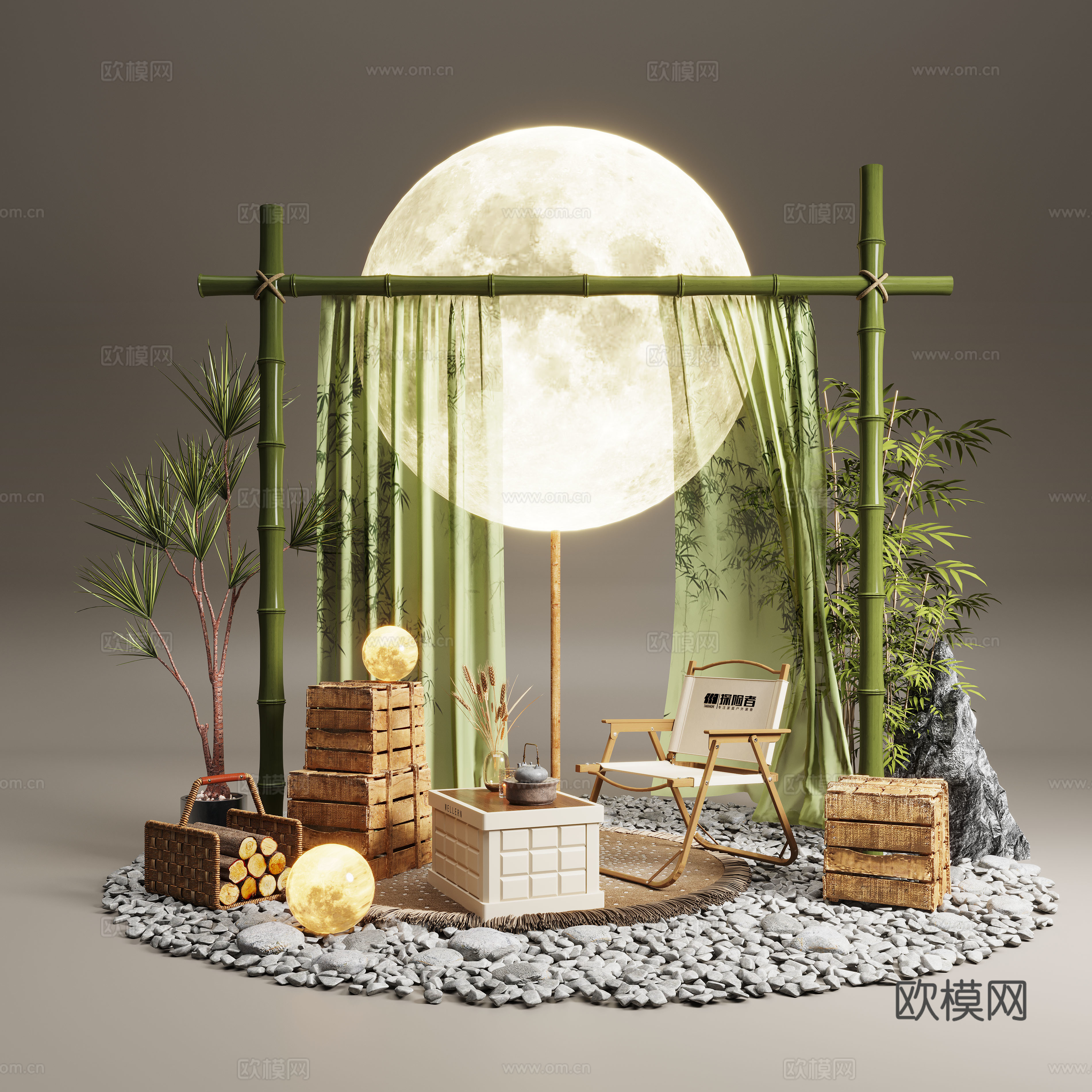 露营风植物造景 露营风造景装置 景观植物 露营椅su模型