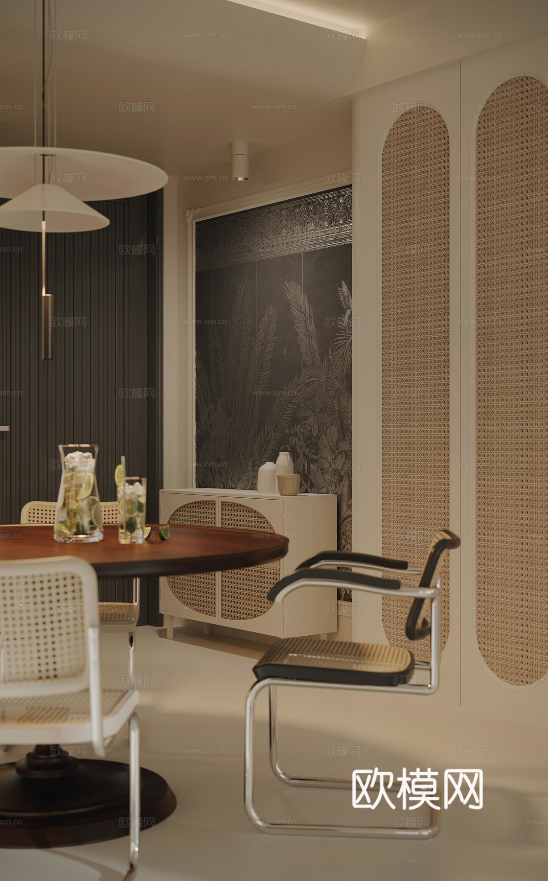 法式复古餐厅 中古风餐厅 复古餐桌椅组合 边柜组合3d模型下载