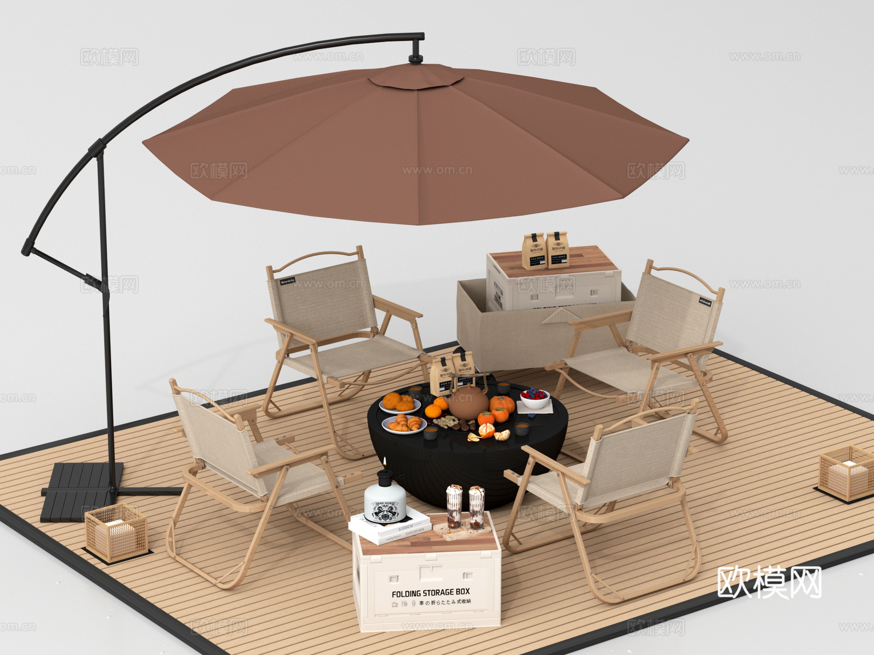 现代户外桌椅 露营桌椅 折叠桌椅 带遮阳伞3d模型下载