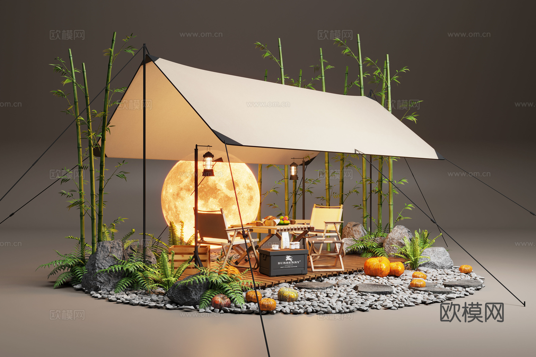 现代露营风植物造景 露营风造景装置 景观植物 露营椅su模型