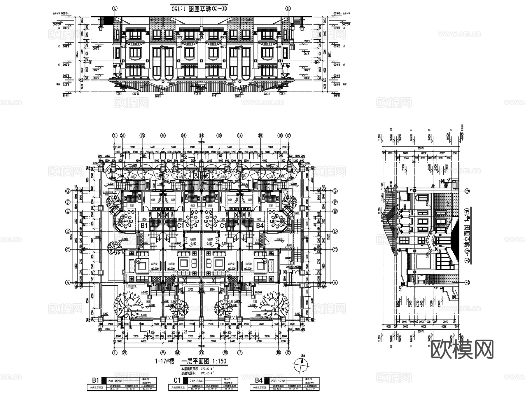 联排别墅建筑户型图CAD施工图集 170套cad施工图