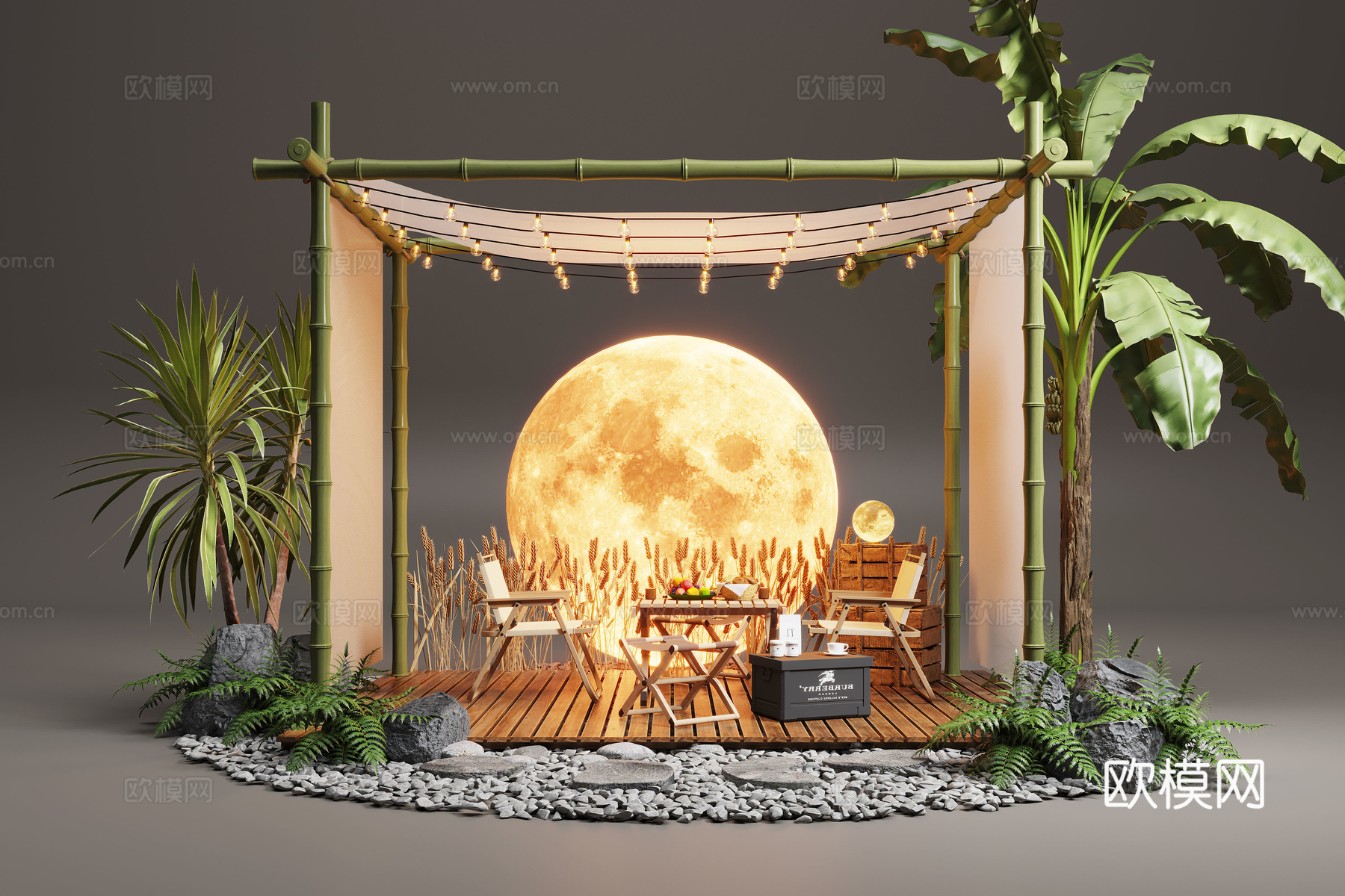 现代露营风植物造景 露营风造景装置 景观植物 露营椅su模型