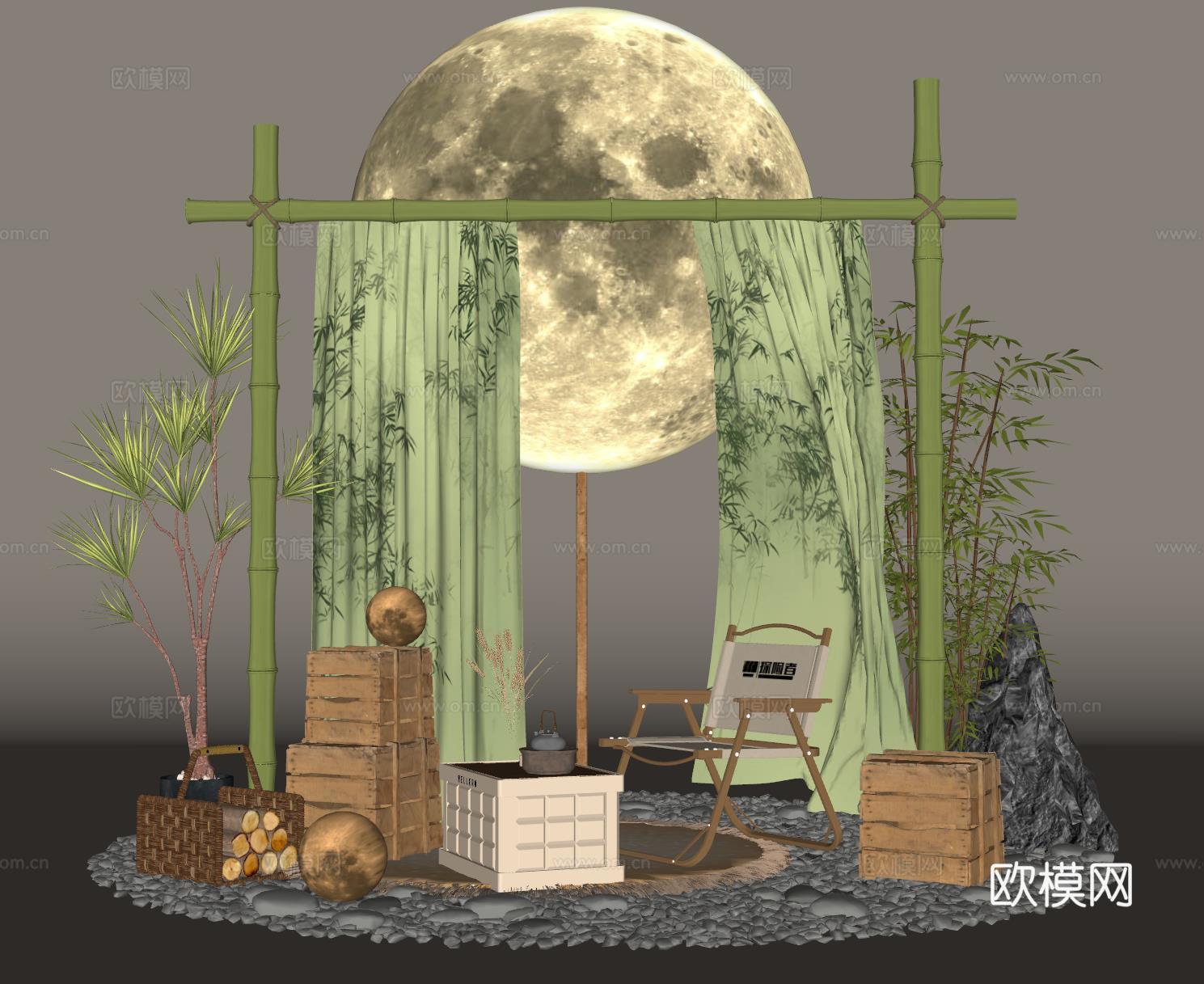 露营风植物造景 露营风造景装置 景观植物 露营椅su模型