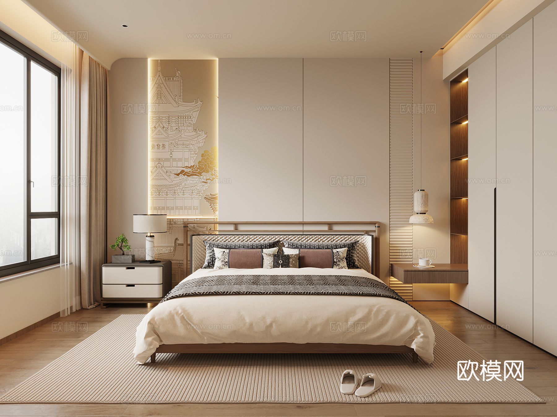 新中式卧室 主卧 双人床 床头柜 衣柜 床头背景墙3d模型下载