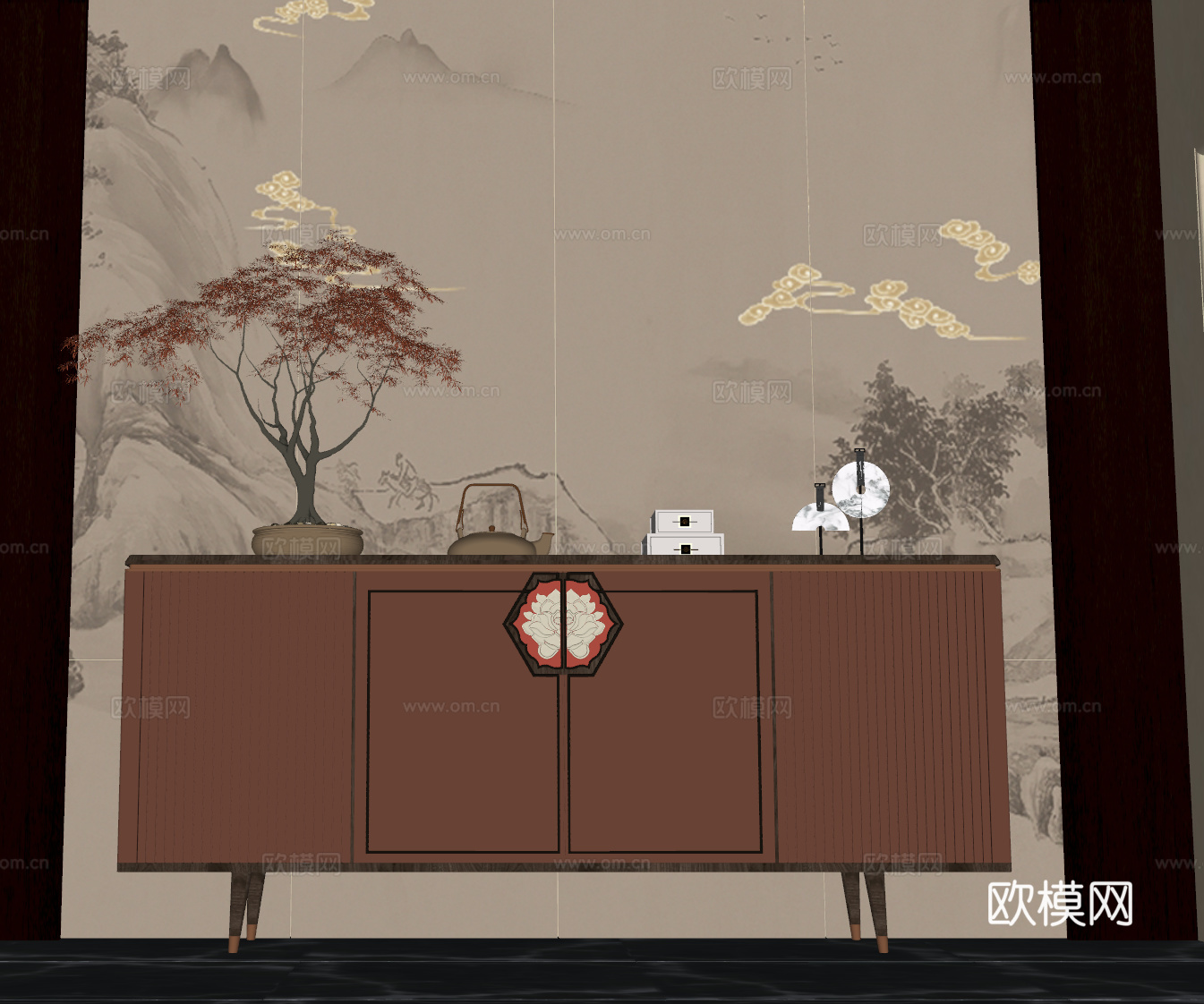 新中式玄关 端景柜 玄关柜 盆栽盆景 摆件su模型