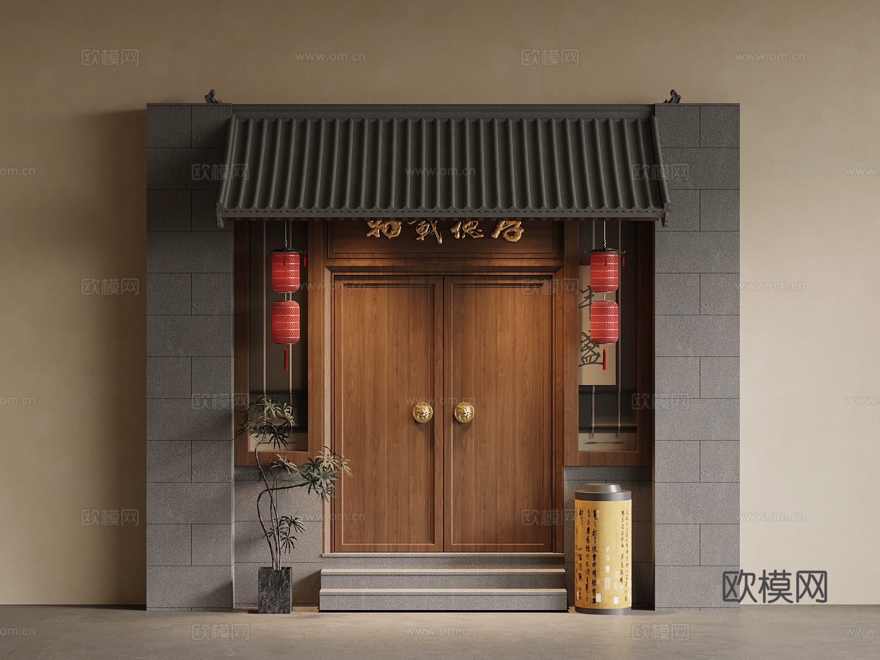 新中式大门 门头su模型