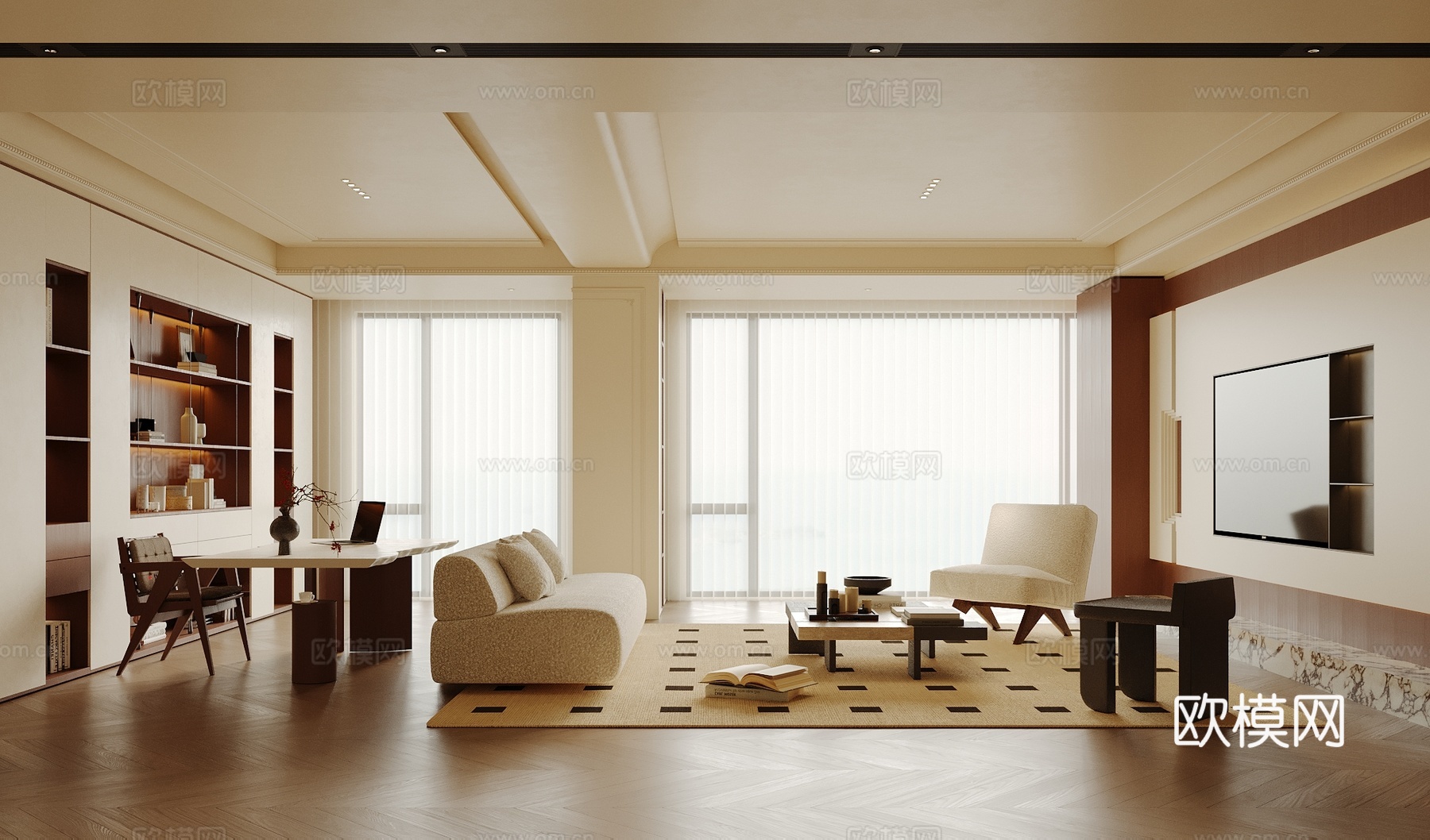 中古风客厅 沙发茶几组合 书桌椅 电视背景墙 书柜su模型