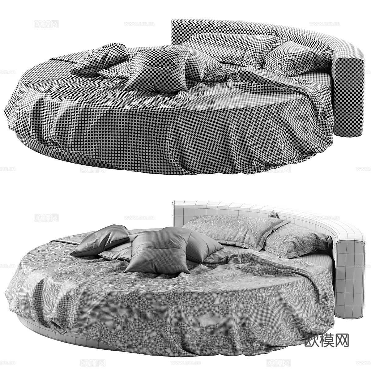 现代圆形布艺床3d模型下载（渲染图2）