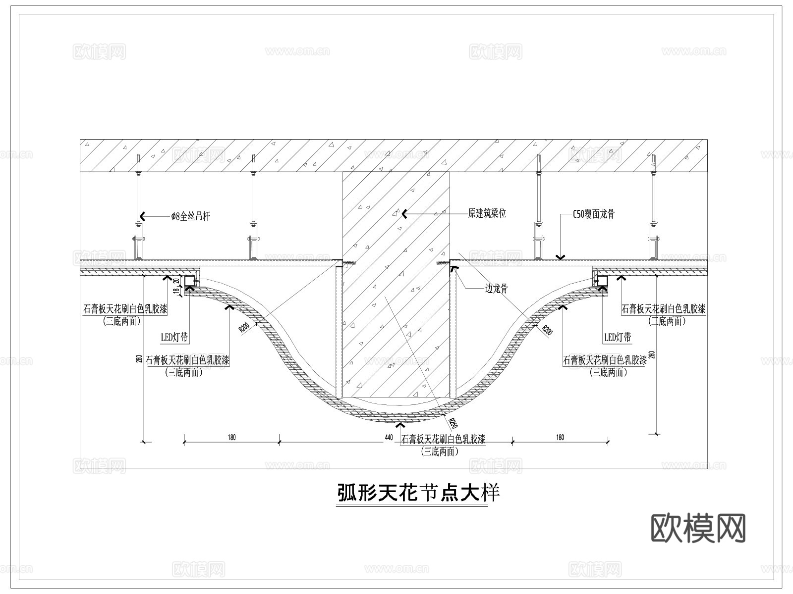 包梁吊顶 弧形包梁 弧形吊顶包梁节点 异形天花包梁 天花吊顶cad施工图