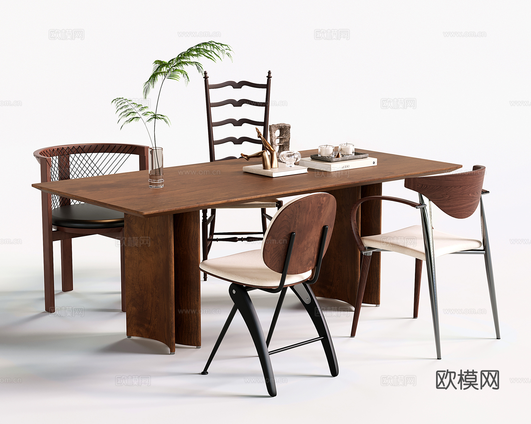 法式餐桌椅 中古长方形实木餐桌 餐椅3d模型下载