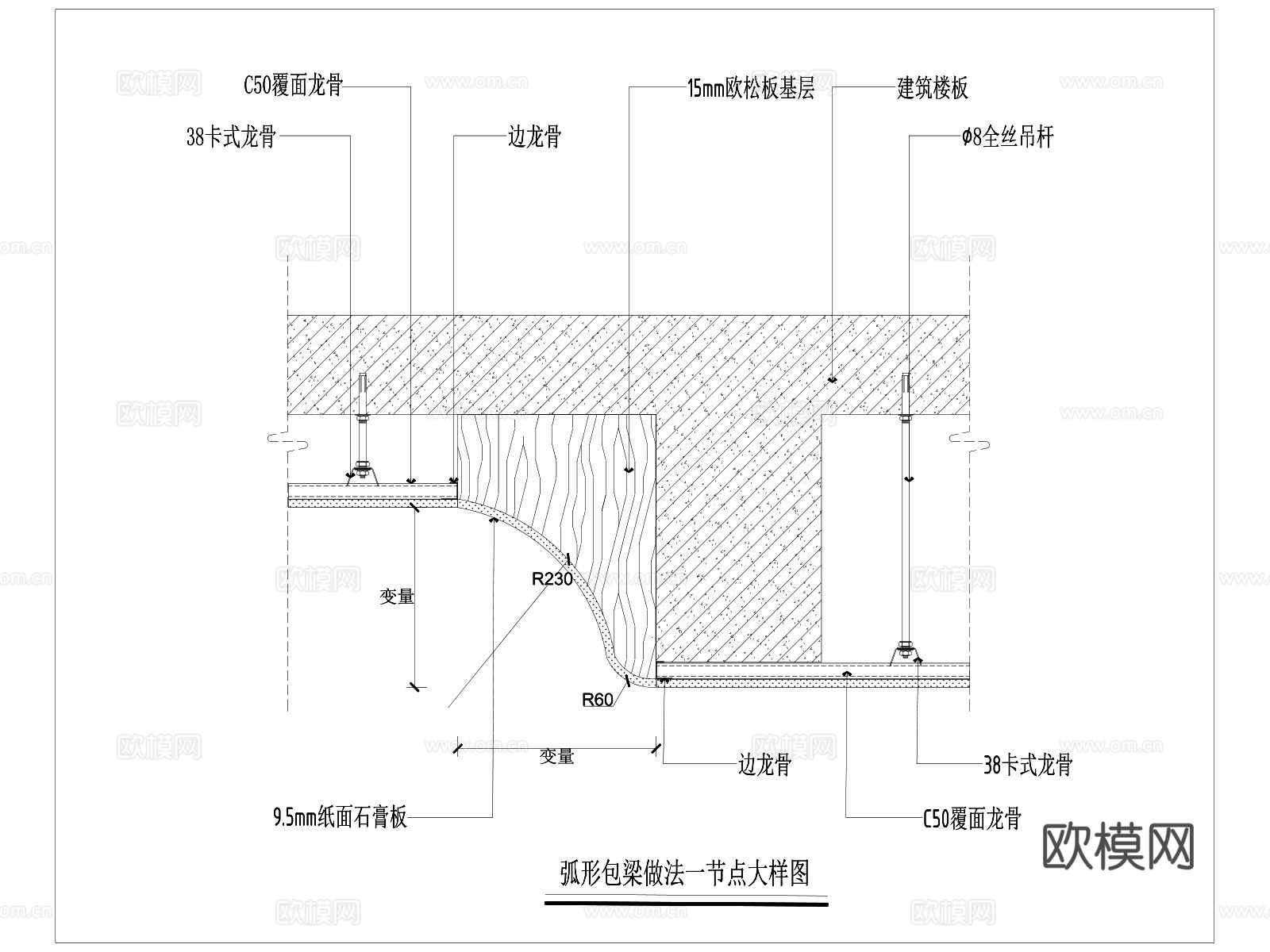 包梁吊顶 弧形包梁 弧形吊顶包梁节点 异形天花包梁 天花吊顶cad施工图
