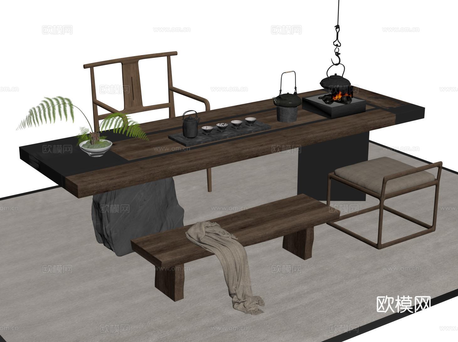 新中式茶桌椅 中式茶台 大板桌 茶具su模型