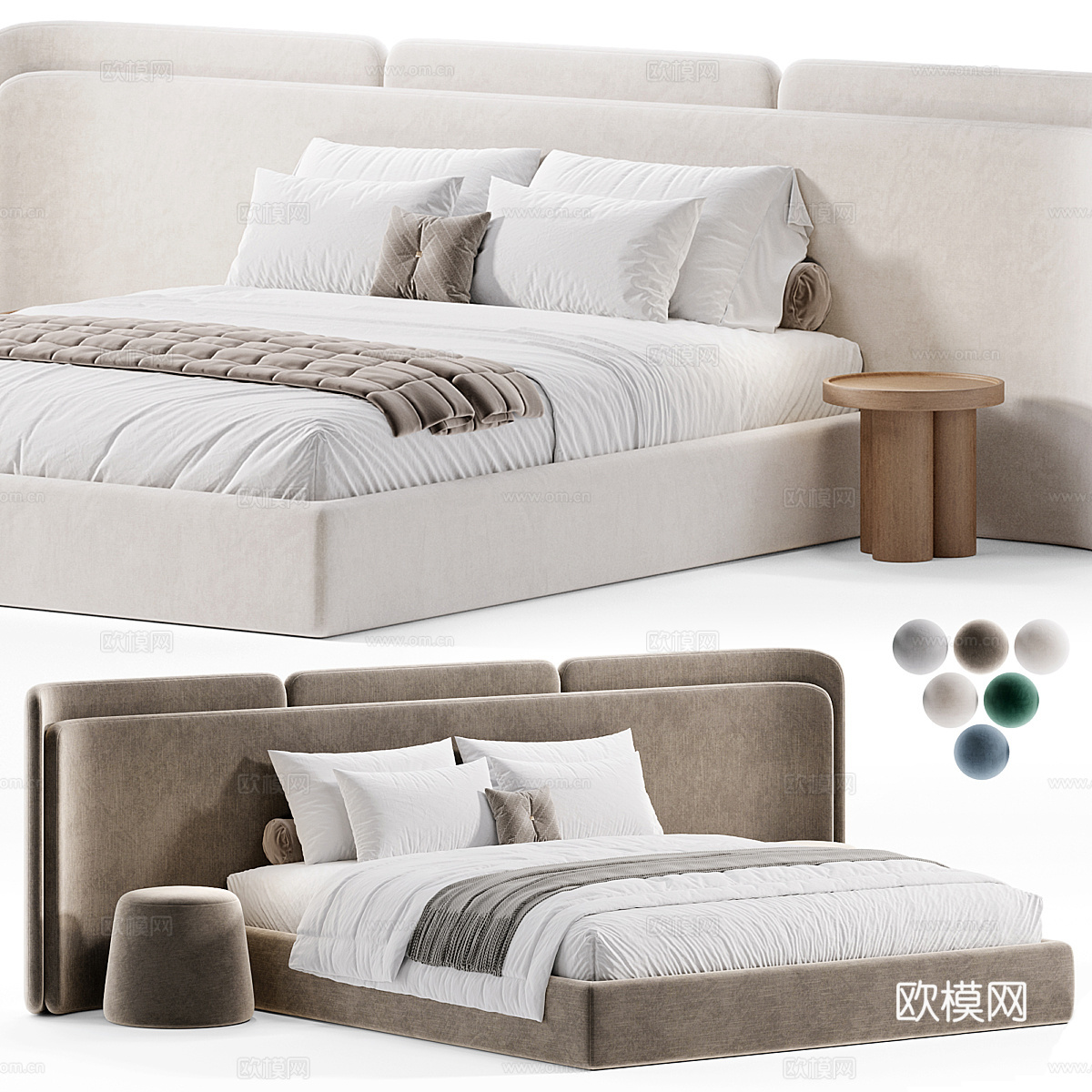 现代布艺双人床3d模型下载（渲染图1）