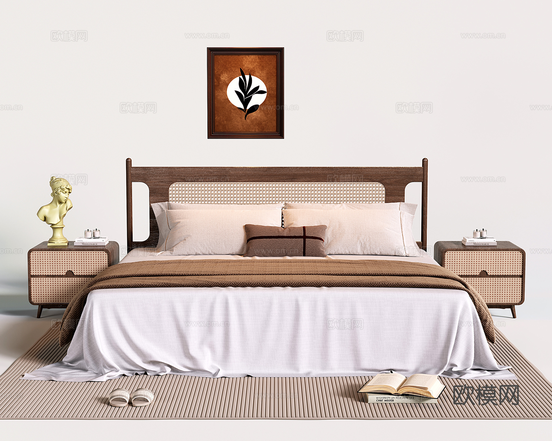 法式双人床 中古木质藤编双人床3d模型下载