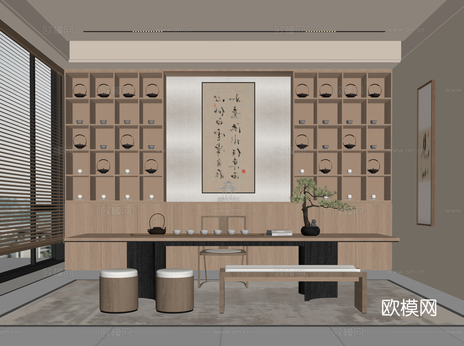 新中式茶室 茶桌椅 茶柜su模型
