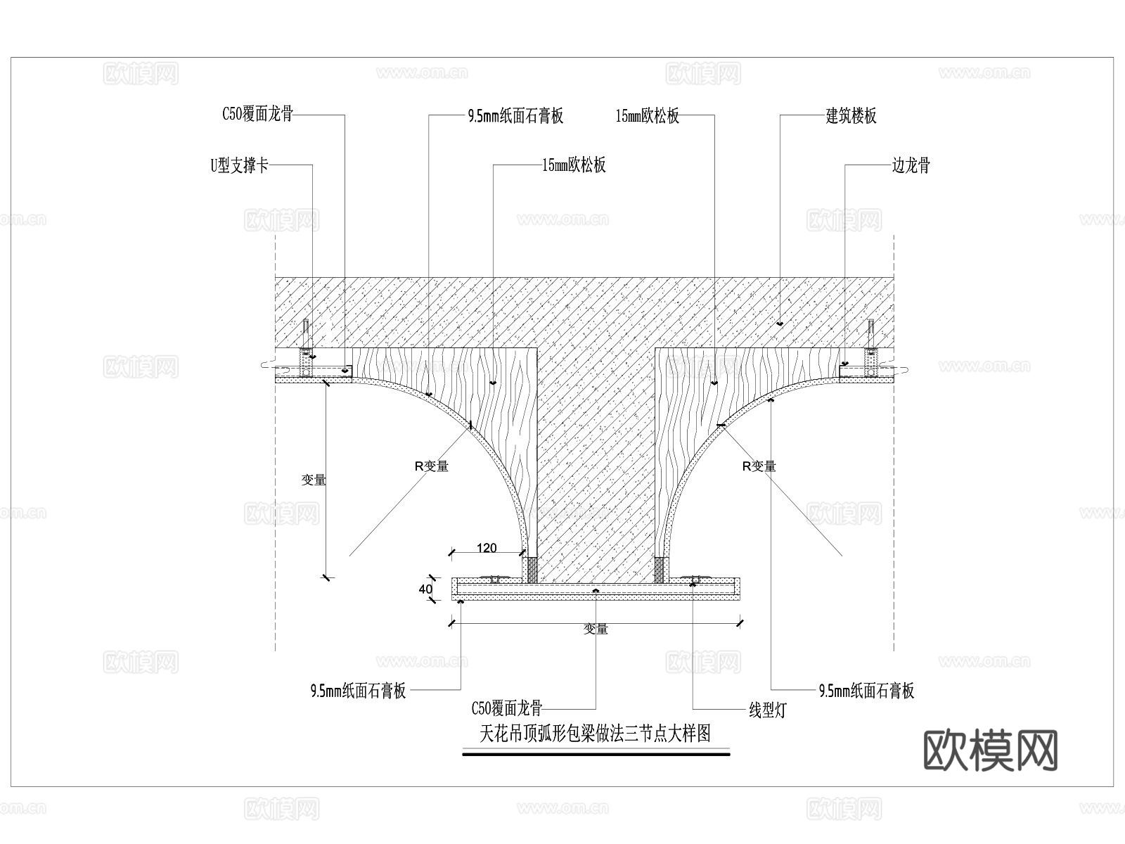 包梁吊顶 弧形包梁 弧形吊顶包梁节点 异形天花包梁 天花吊顶cad施工图