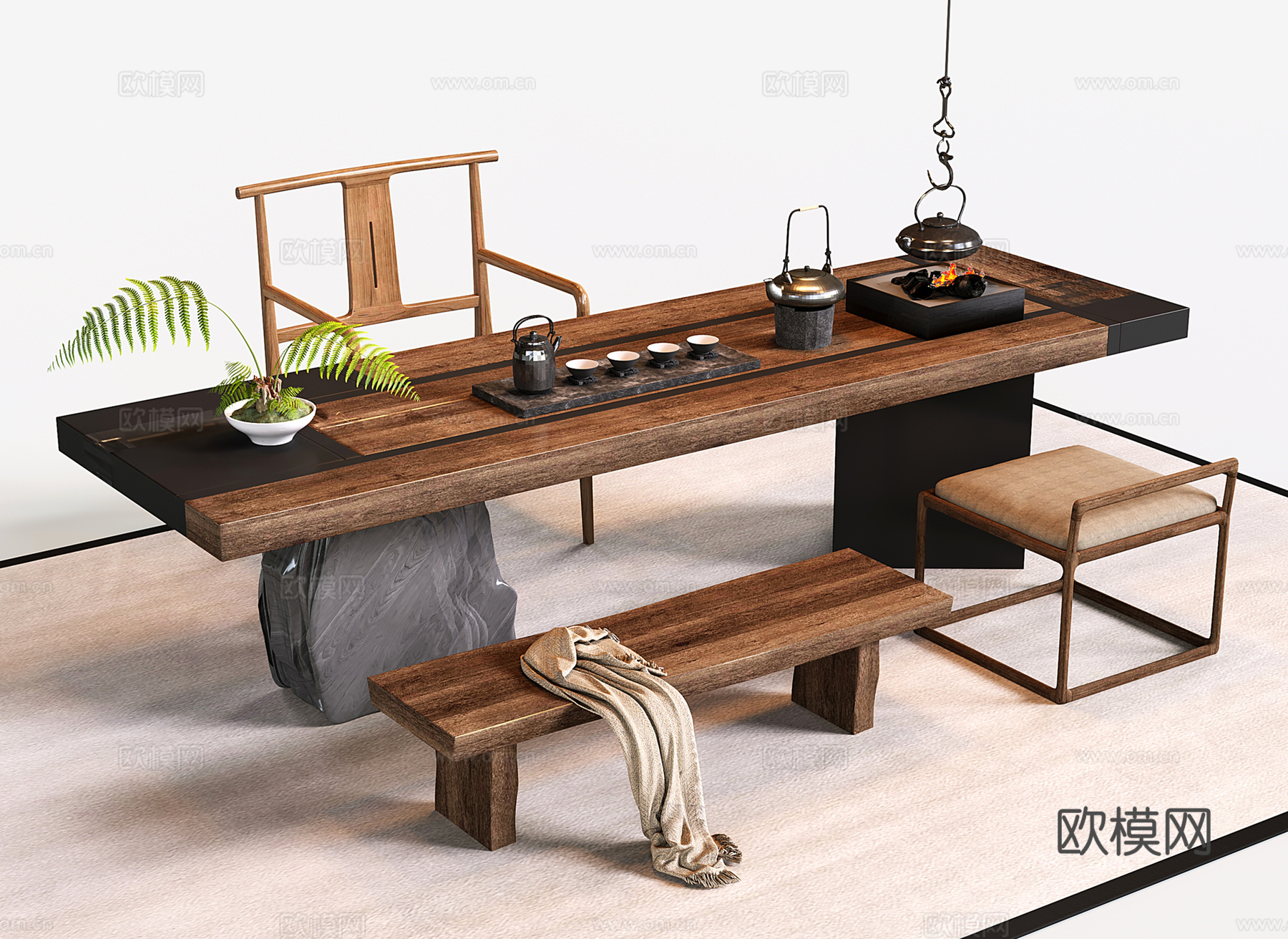 新中式茶桌椅 中式茶台 大板桌 茶具su模型