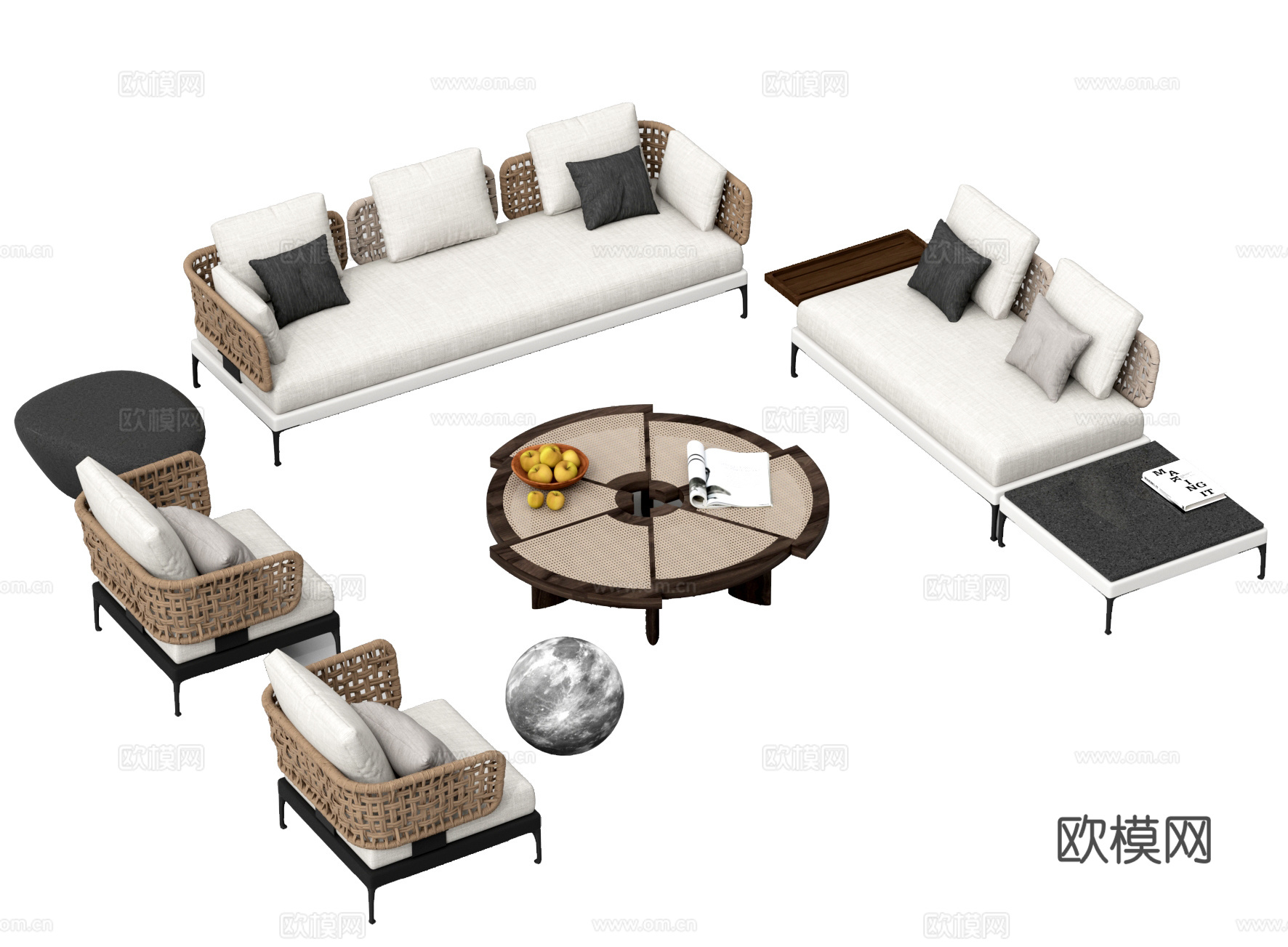 现代户外沙发 藤编户外沙发 茶几 休闲单椅3d模型下载