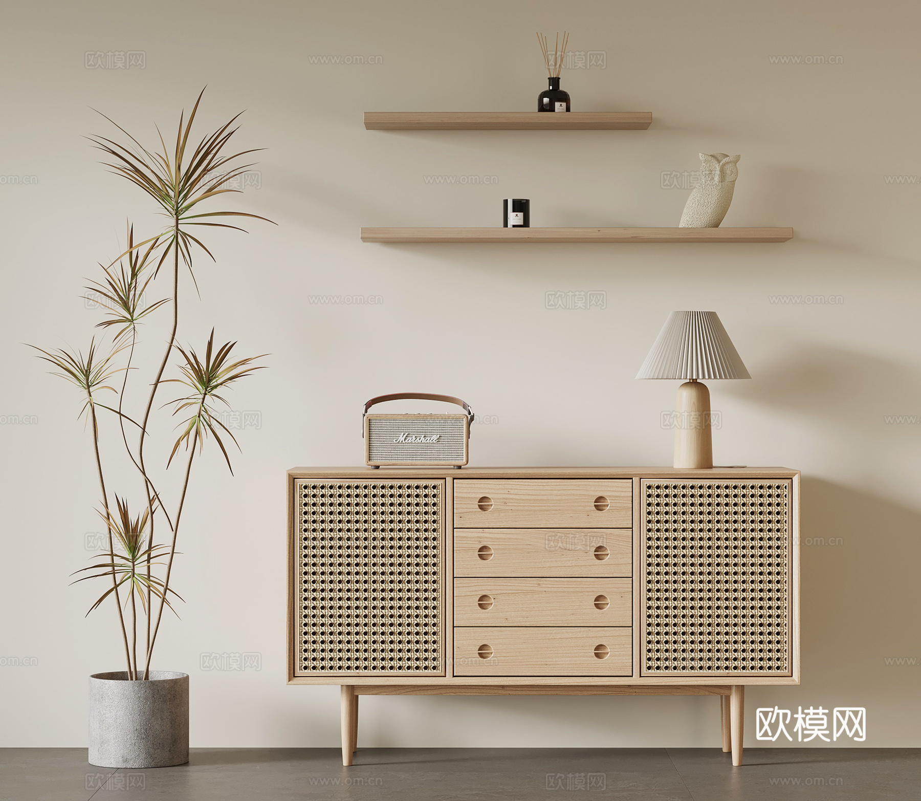 侘寂中古玄关柜 鞋柜 藤编柜su模型
