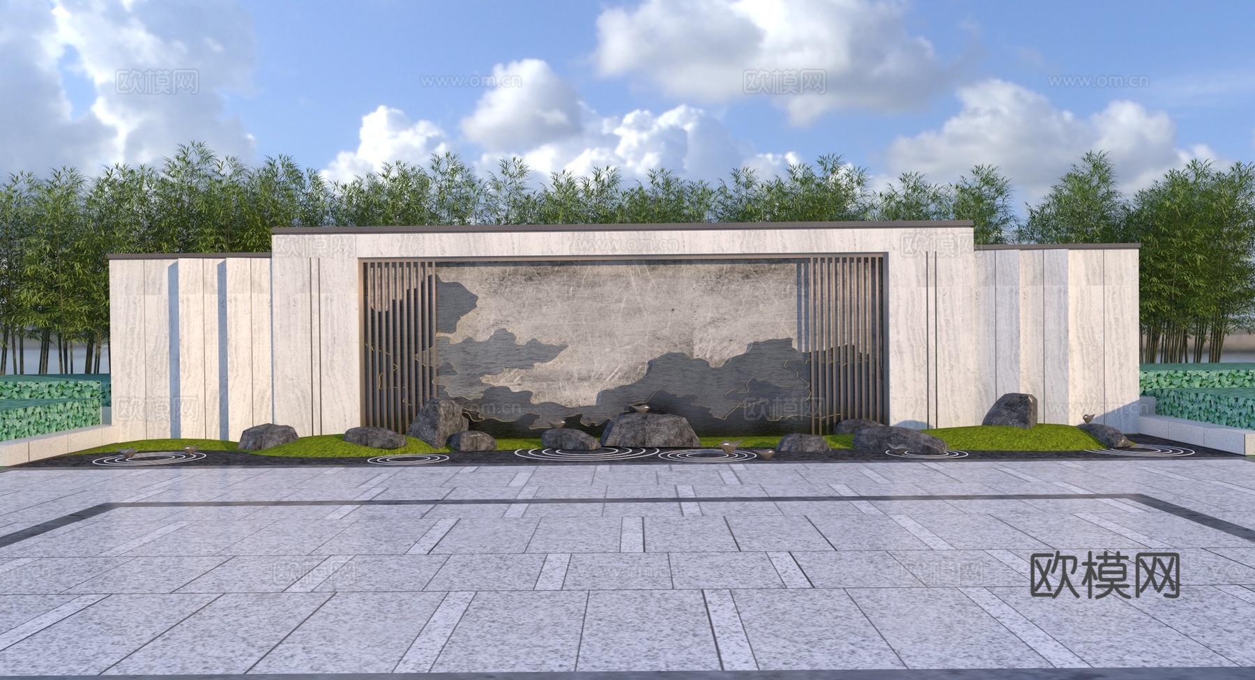 新中式山水格栅景墙3d模型下载