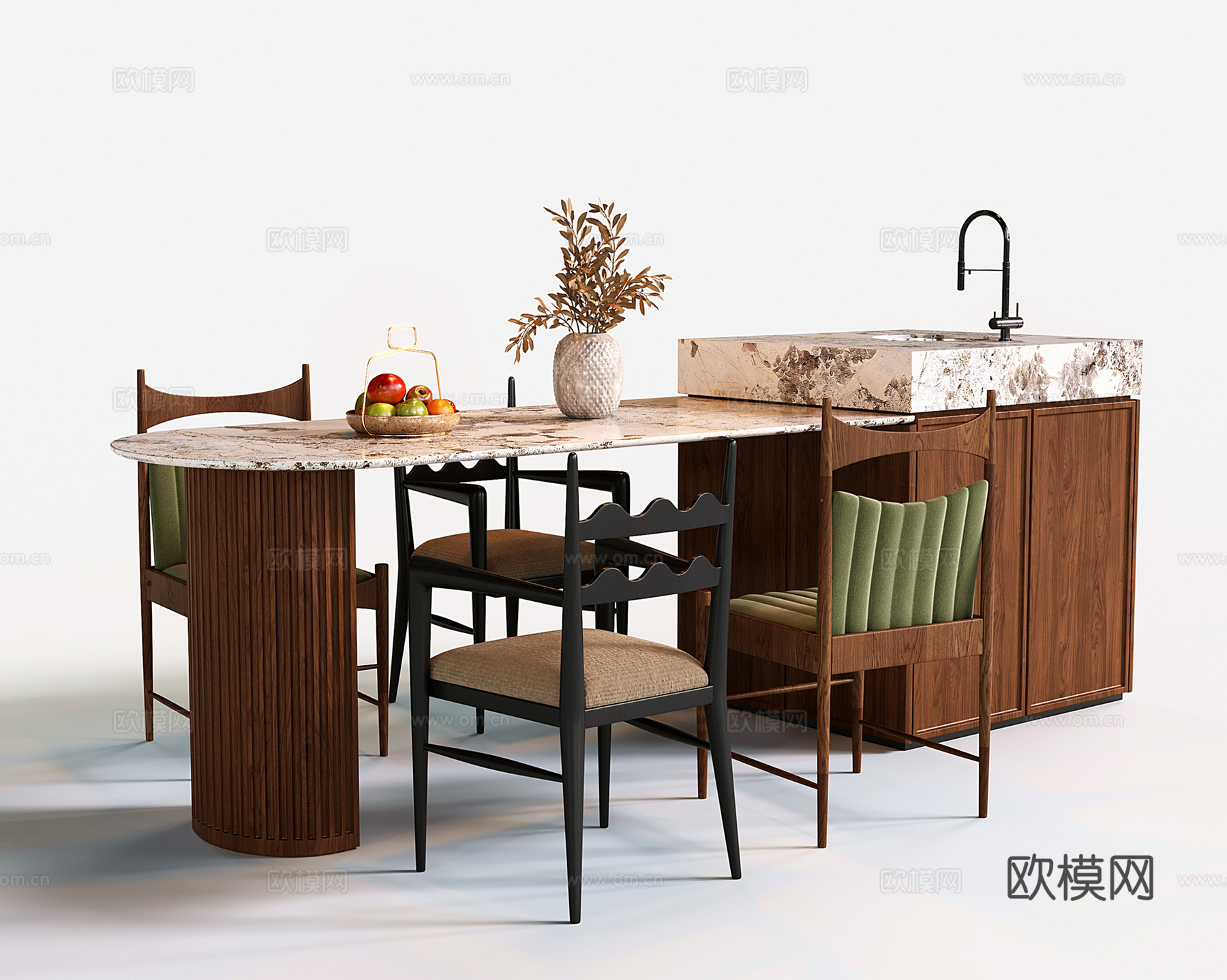 法式中岛台 大理石吧台 餐椅3d模型下载