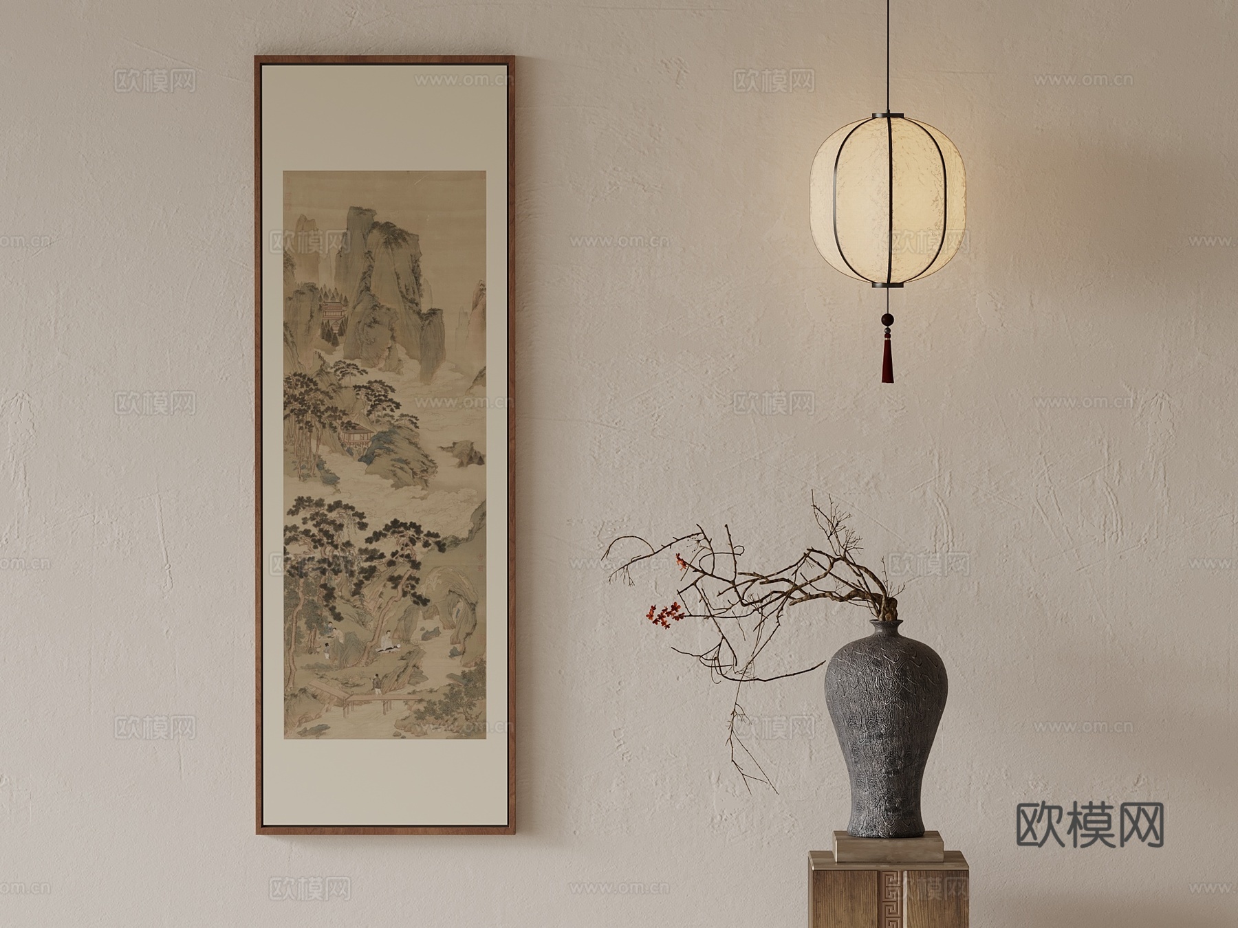 新中式挂画 花瓶 吊灯su模型