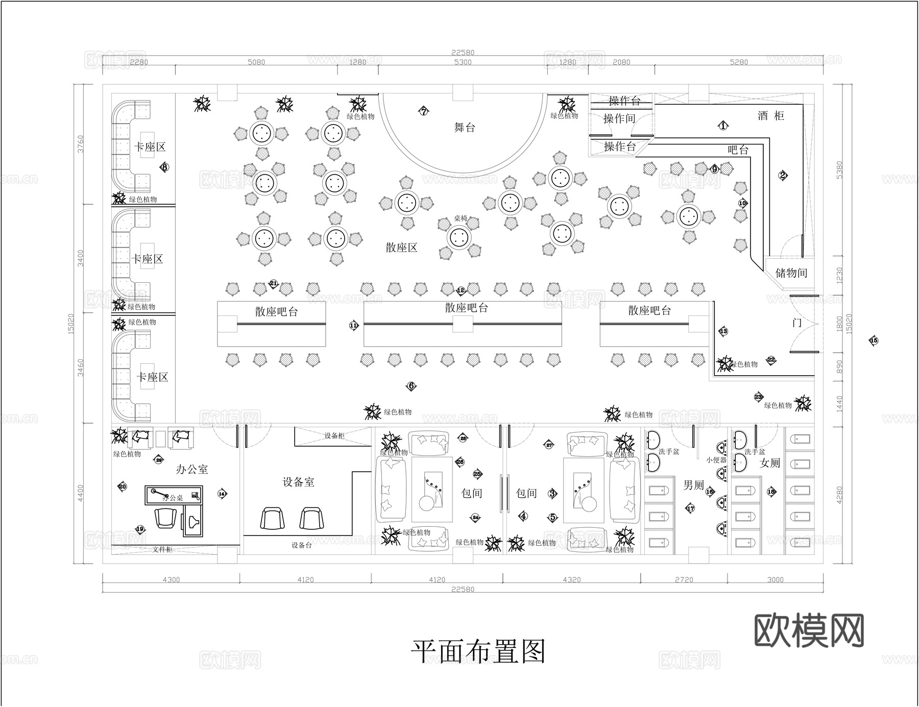 酒吧平面施工图cad施工图