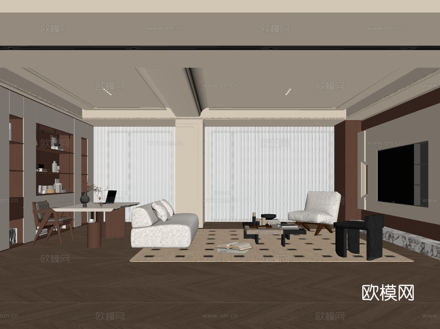 中古风客厅 沙发茶几组合 书桌椅 电视背景墙 书柜su模型