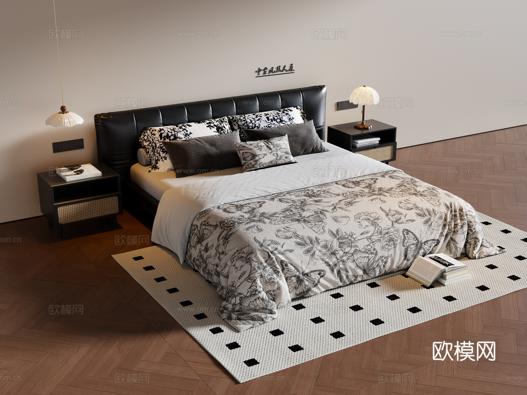 法式中古风双人床 皮质双人床 床头柜 地毯3d模型下载