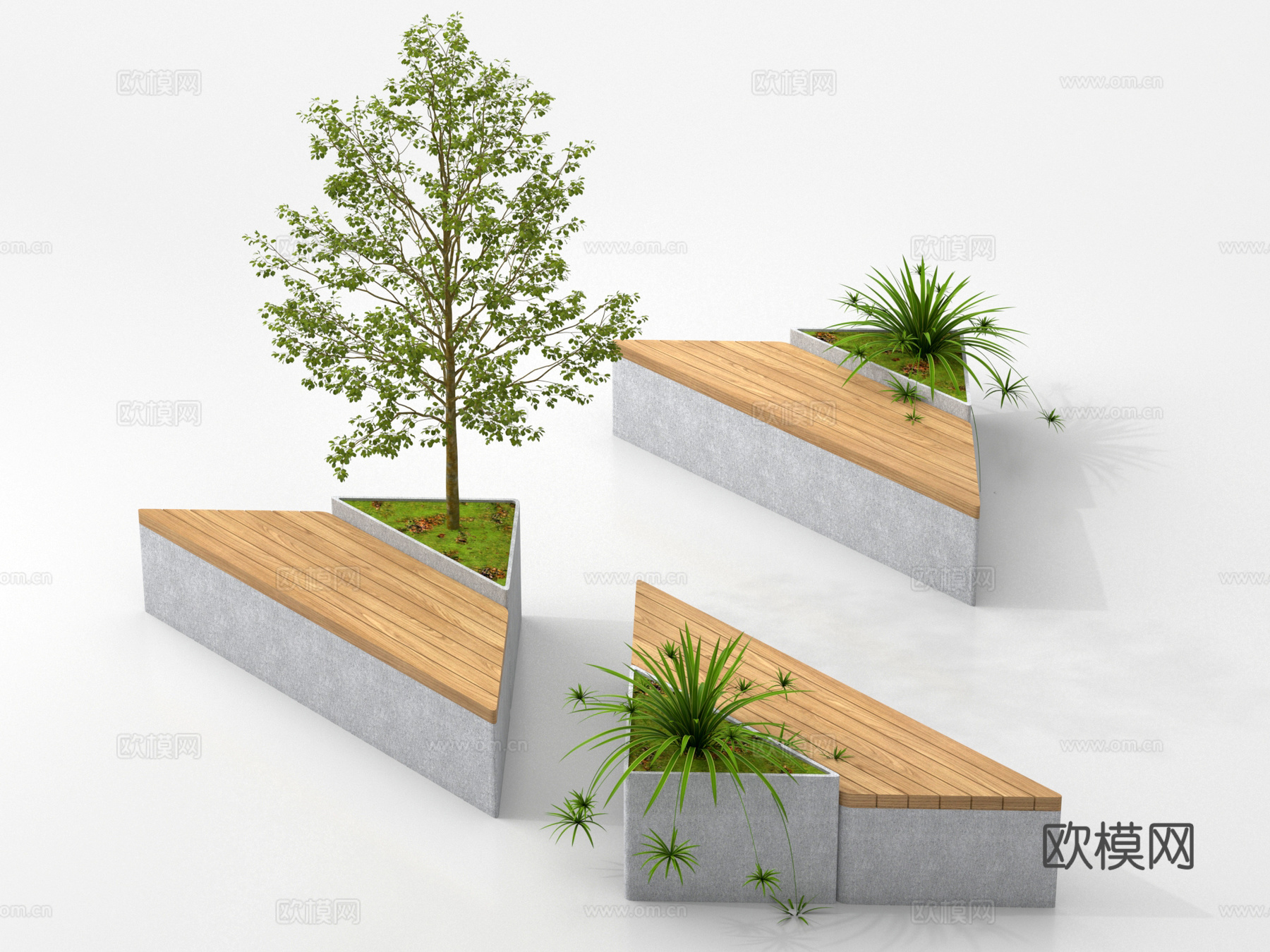 现代景观座椅 户外座椅 木材 景观树su模型